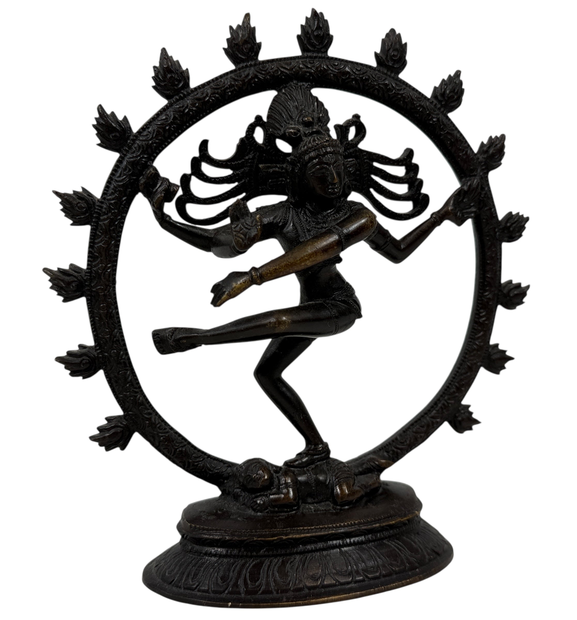 Indian Shiva Nataraja brass statue with cosmic ring of flames. Vintage devotional décor for altar, yoga or meditation spaces. Late 20th century. India.