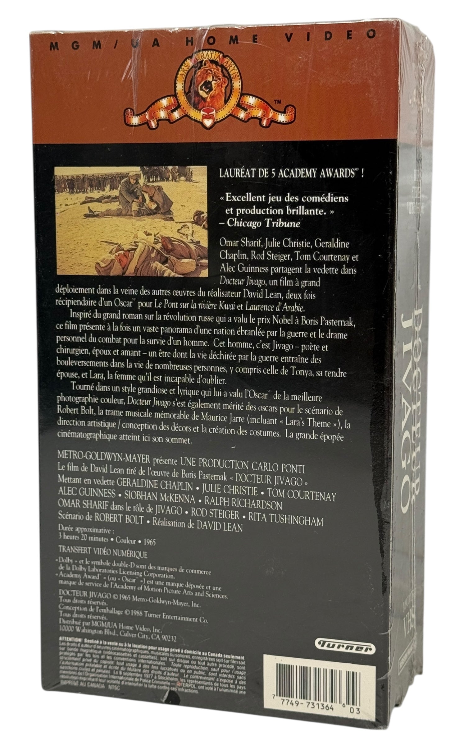 Sealed vintage French VHS of Docteur Jivago by MGM/UA. Collectible classic film in shrink. Ships from Montreal. Great for cinema and VHS memorabilia collectors.