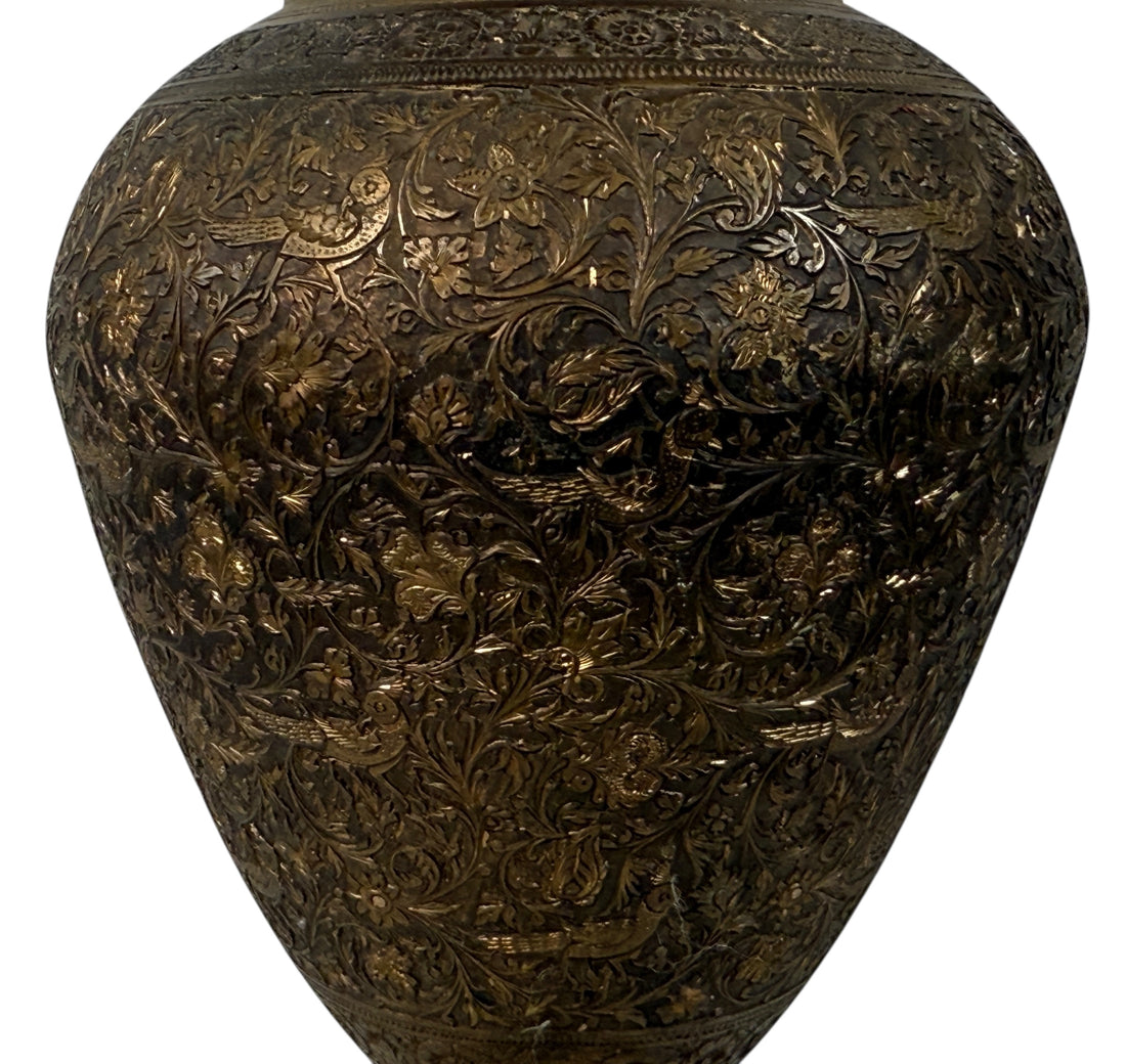 Vintage Indian brass vase with hand-chased bird and floral motifs, 16.5" tall. Mid-century décor with patina. Ships worldwide from Montreal.