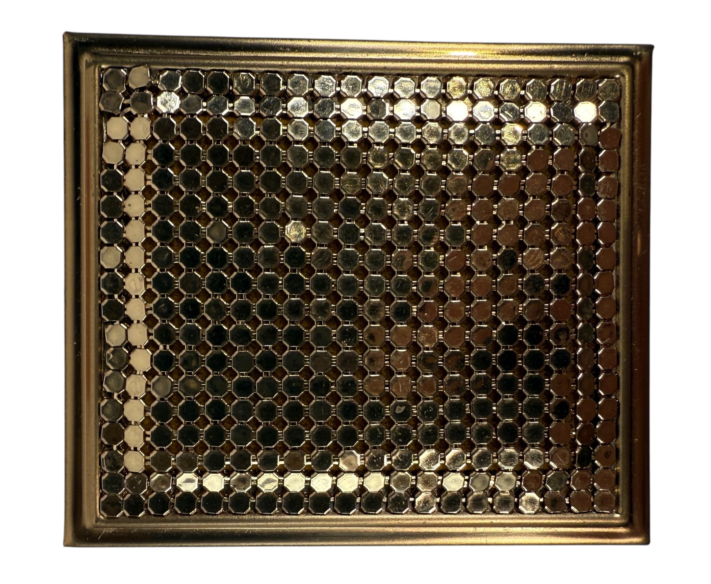 Vintage Whiting &amp; Davis gold-tone mesh double picture frame with original box. Mid-century display piece for vanity or desk. Collectible and giftable.