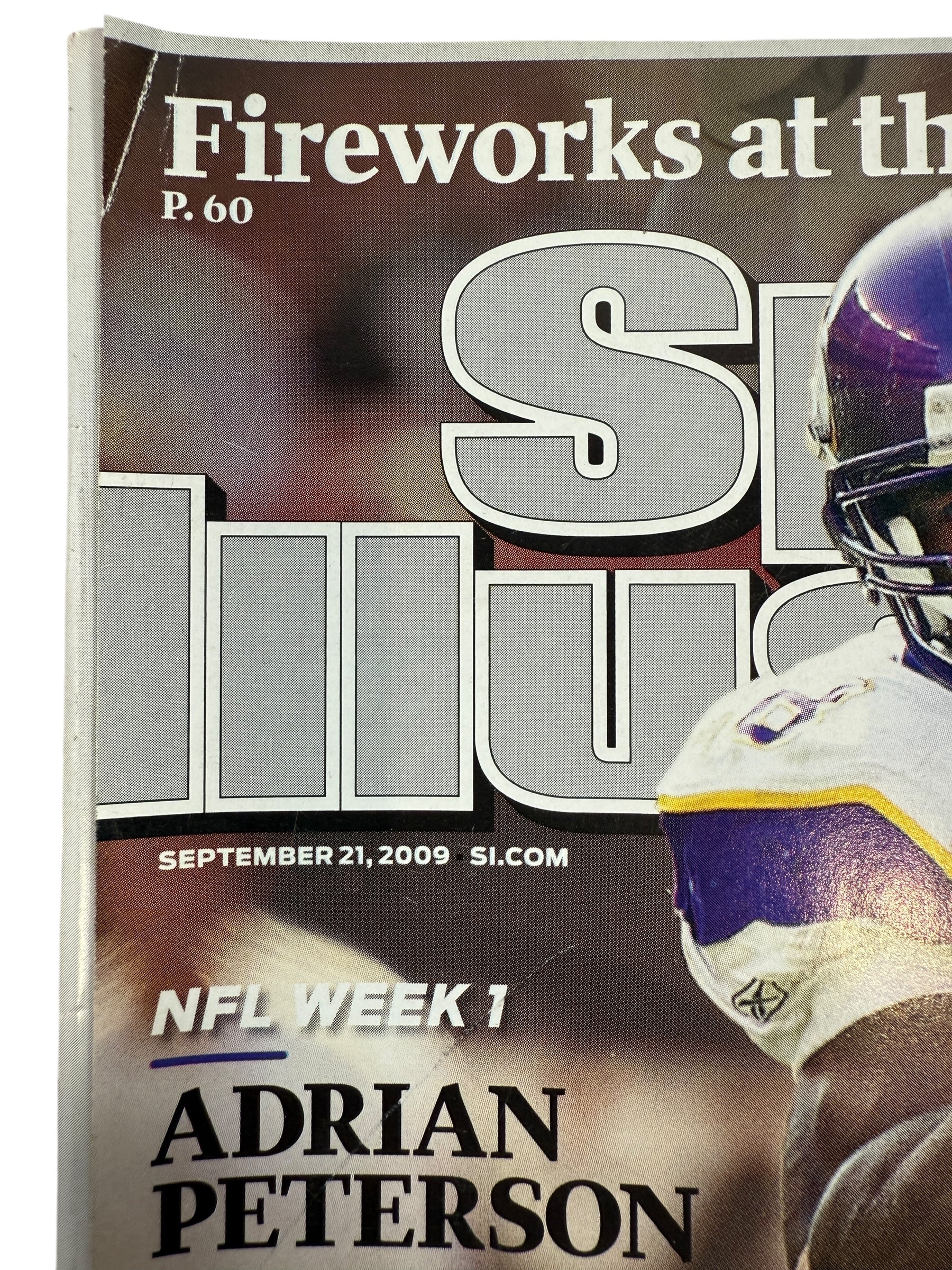 Sports Illustrated Sept 2009 with Adrian Peterson cover. Clean label-free VG copy. Great NFL collectible for Vikings fans and sports magazine collectors.