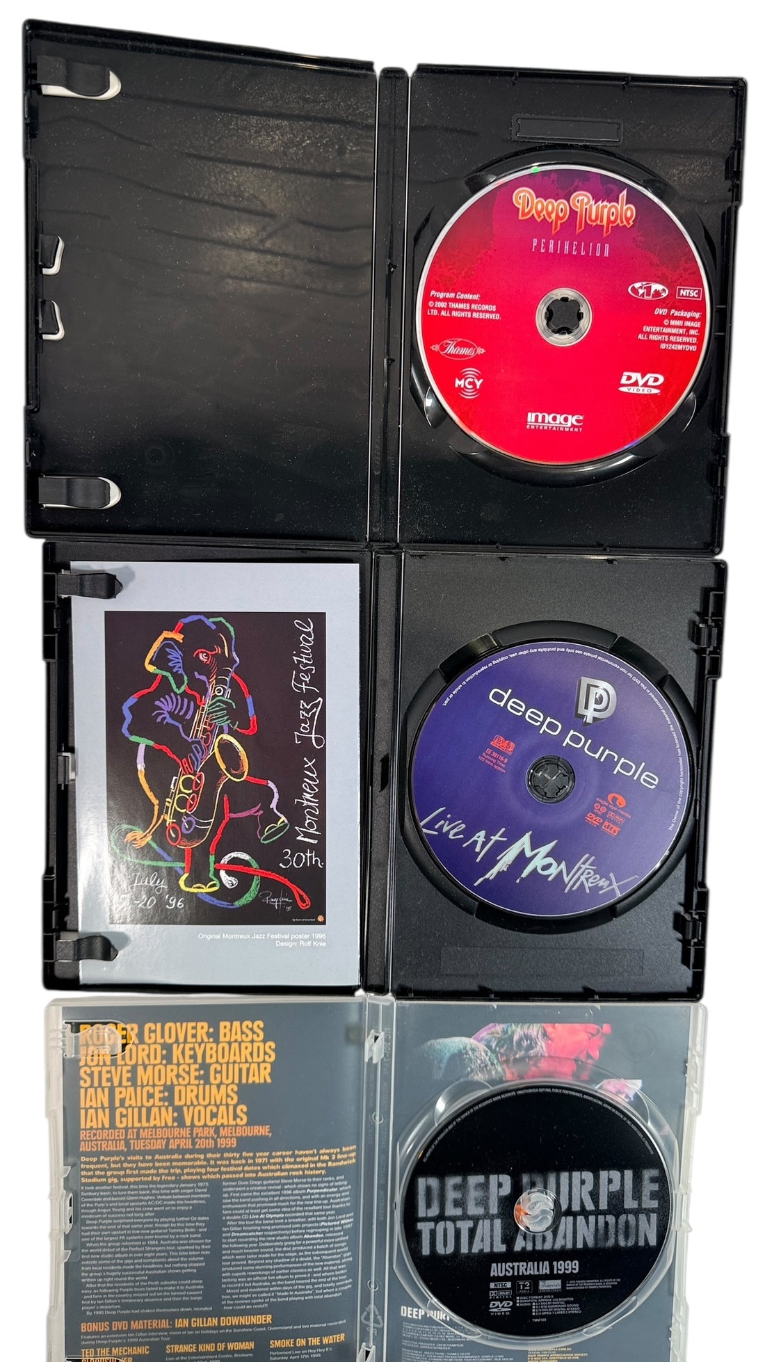 Deep Purple concert DVD lot with Perihelion, Montreux, and Total Abandon Australia. Clean discs, inserts included. Ideal for fans and collectors.
