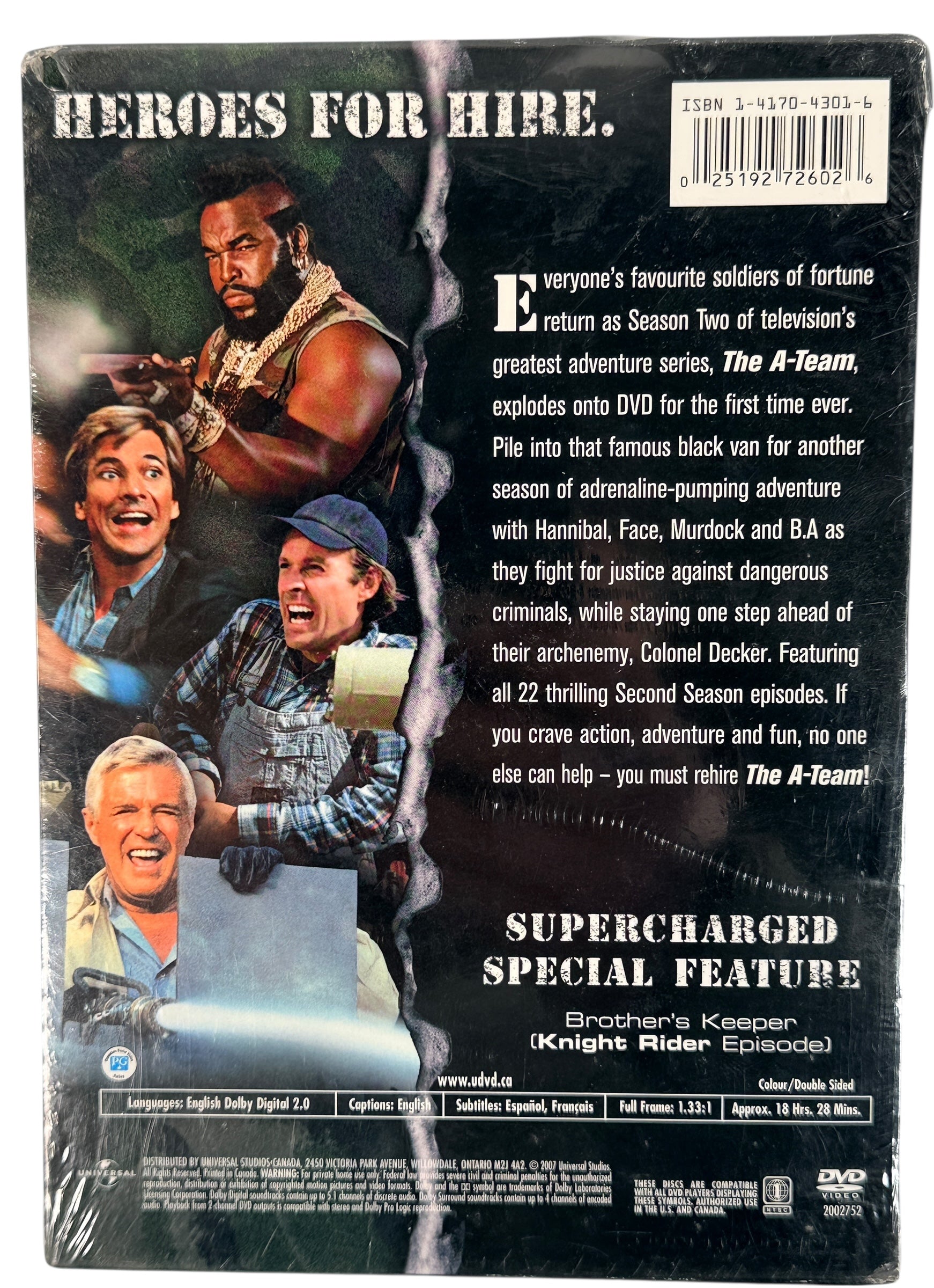 Sealed A-Team Season Two 2002 Universal DVD set, Region 1 NTSC with Knight Rider bonus episode. Collectible 80s TV nostalgia title in factory wrap.