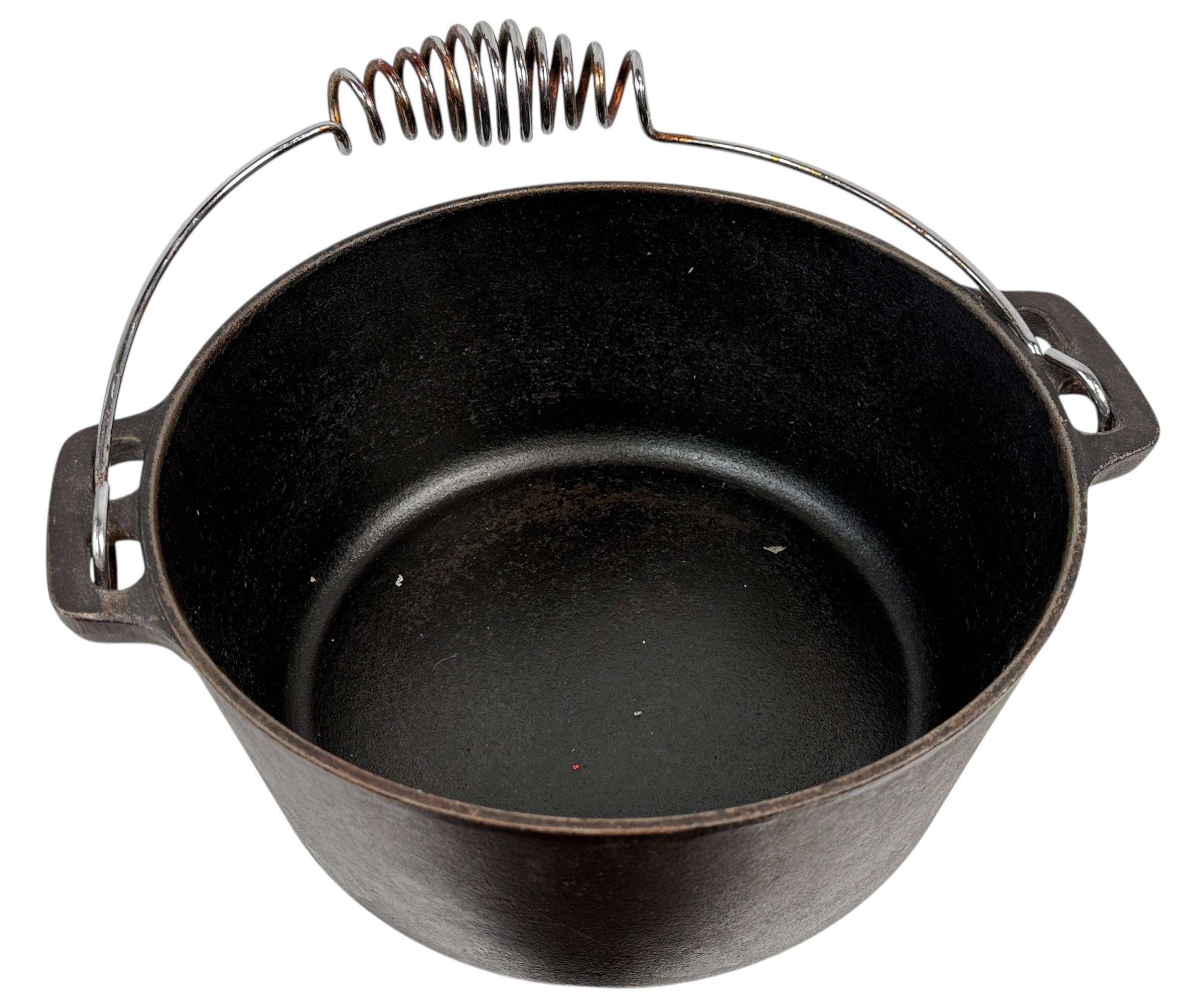 Vintage Benjamin & Medwin Cast Iron Dutch Oven with Coil Bail Handle & Lid – Campfire / Kitchen Use