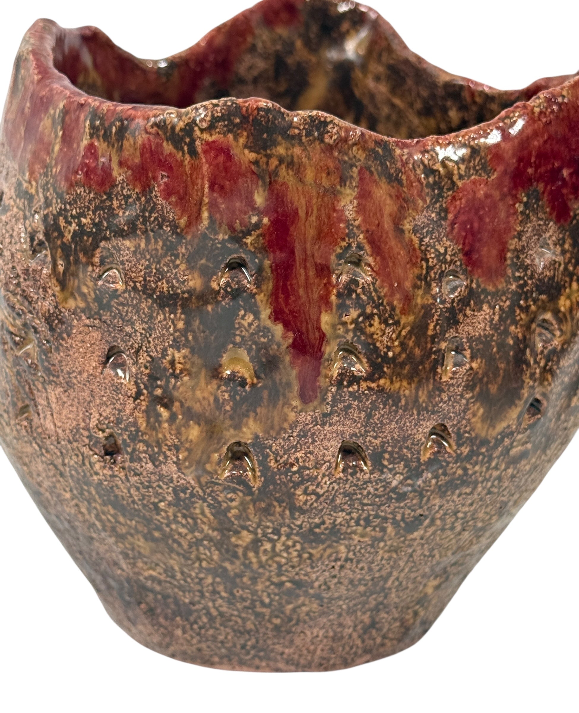 Vintage Canadian Studio Pottery Vase – Signed Claire, Textured Brown with Red Drip Glaze