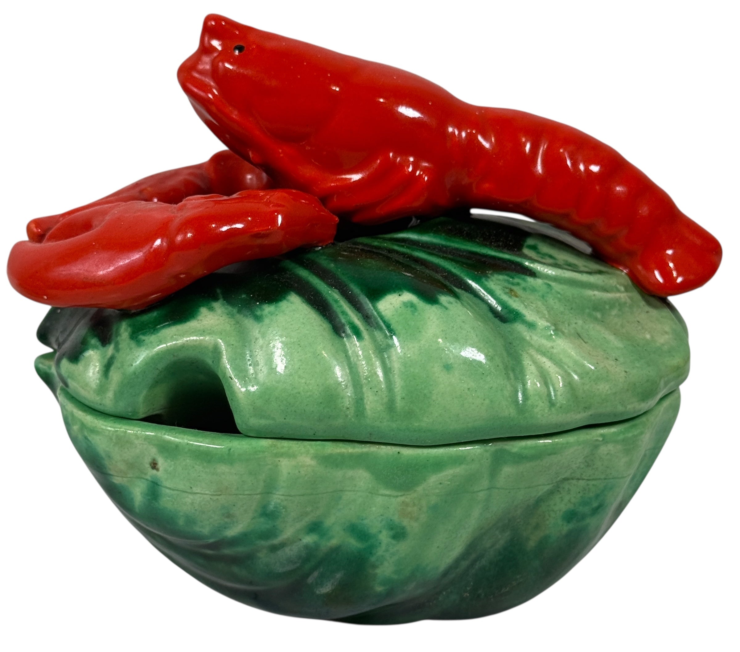 Vintage Hand-Painted Lobster Ceramic Dish – Green Shell Base & Red Lobster Relief (Japan, c.1950s)