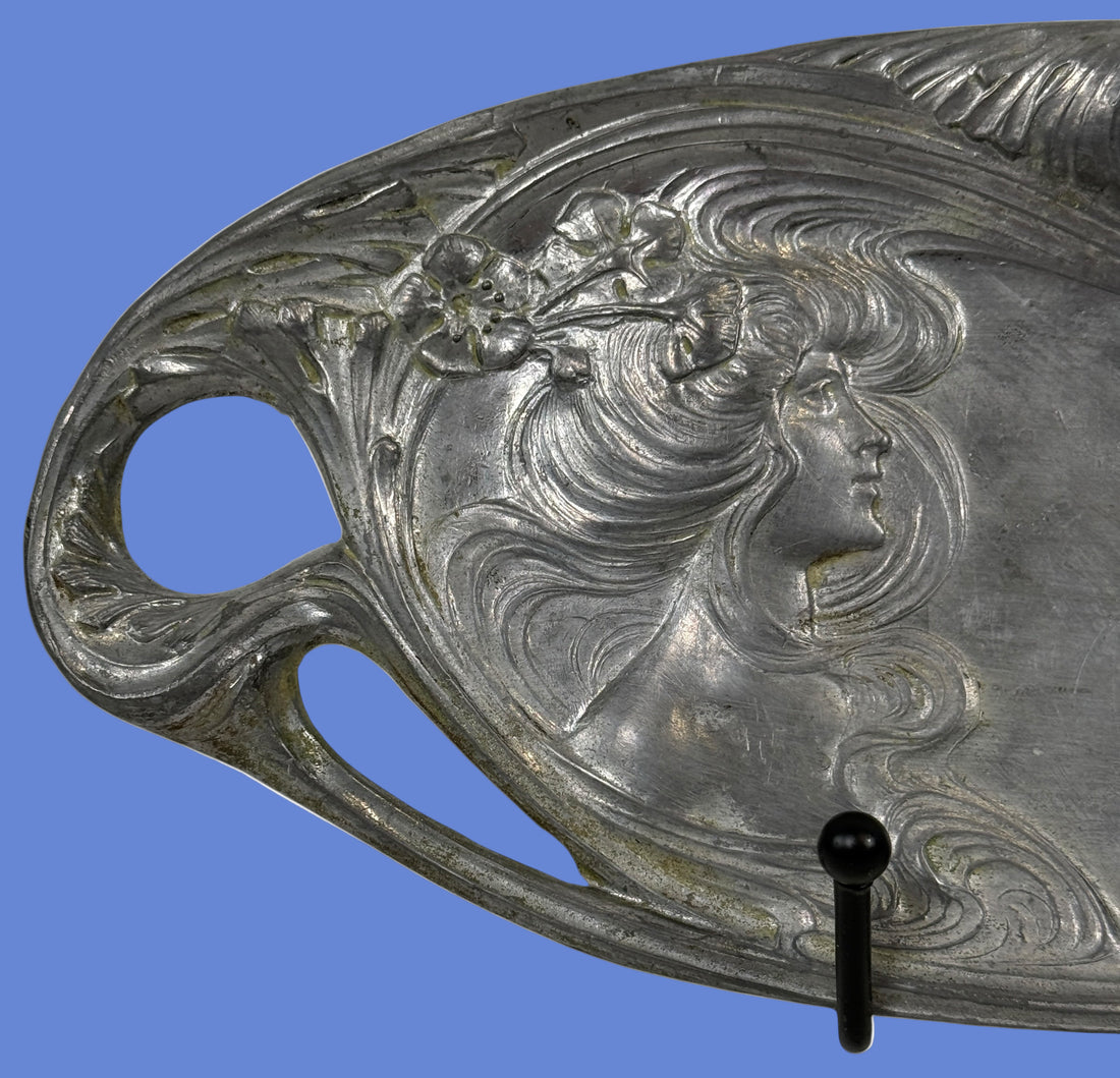 French Art Nouveau Vanity Tray “Lady with Lilies” – Fabrication Française Paris, c.1900