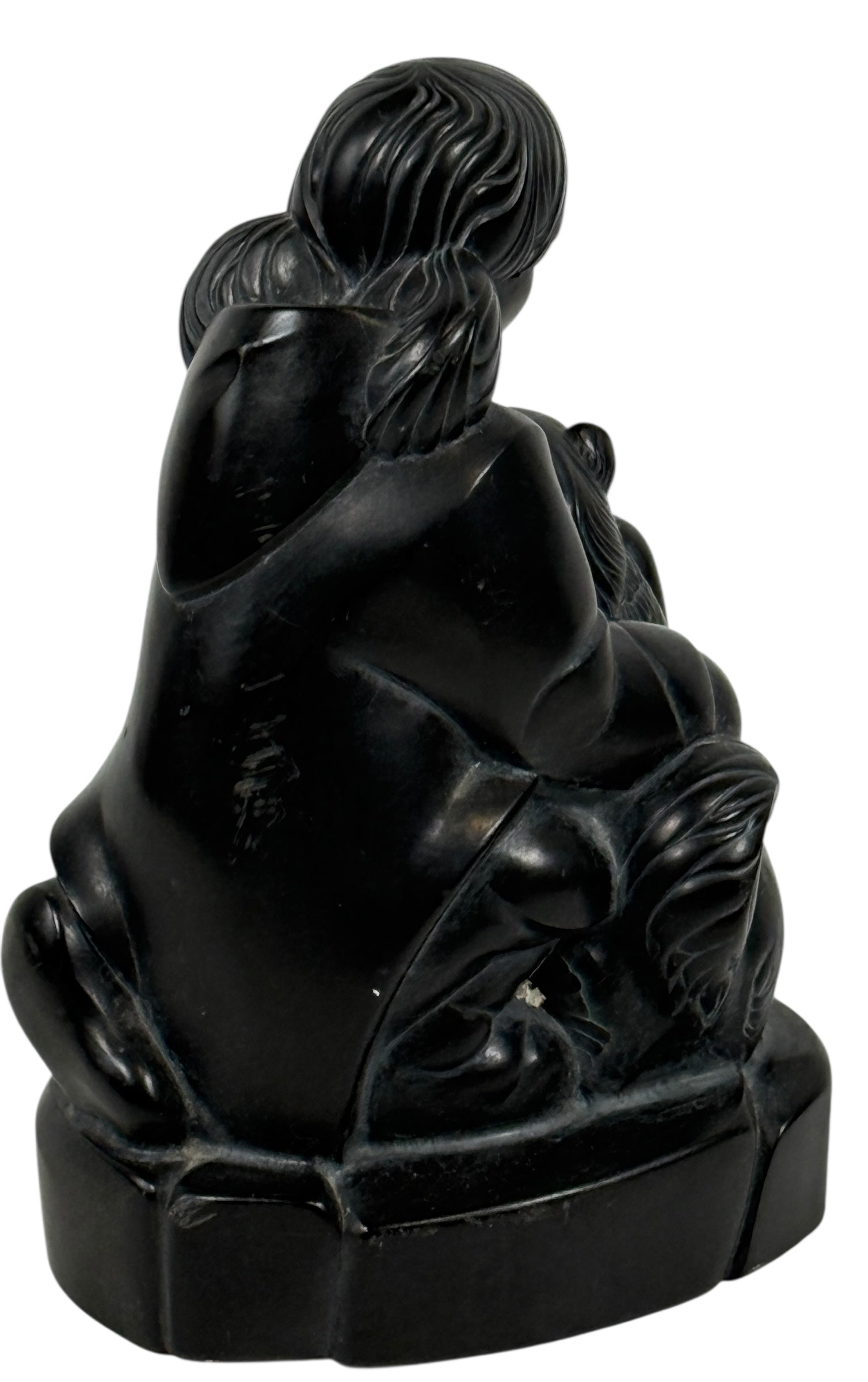 Signed BOMA Canada soapstone carving by McPhee, “Boy with Dog” Inuit-style polished black stone sculpture
