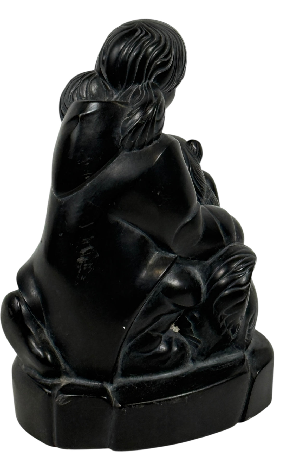 Signed BOMA Canada soapstone carving by McPhee, “Boy with Dog” Inuit-style polished black stone sculpture