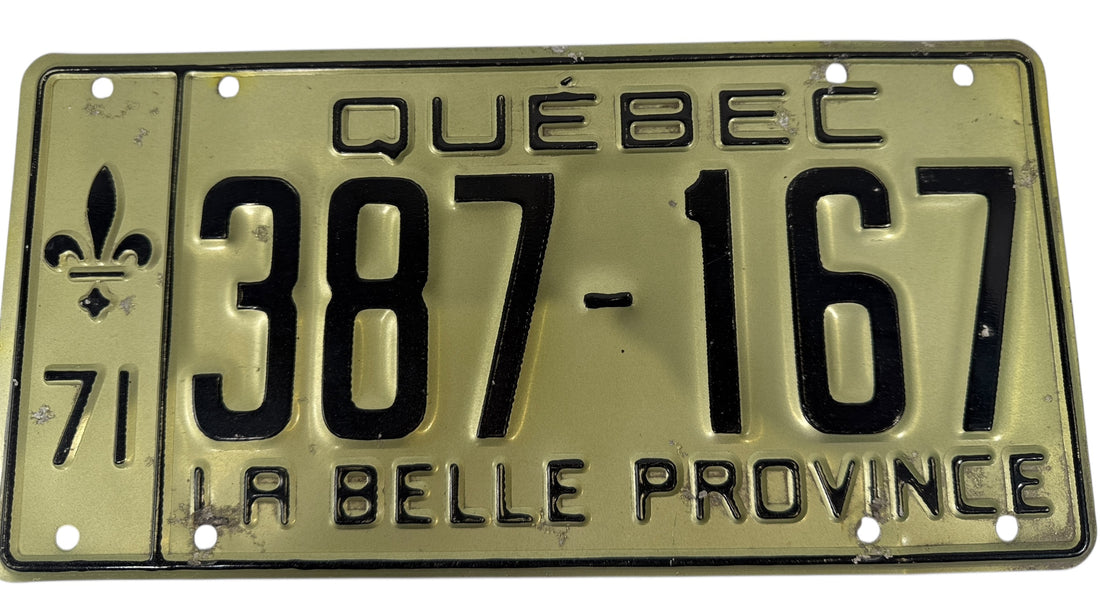 Quebec license plate with text and number '387-167' on a beige background