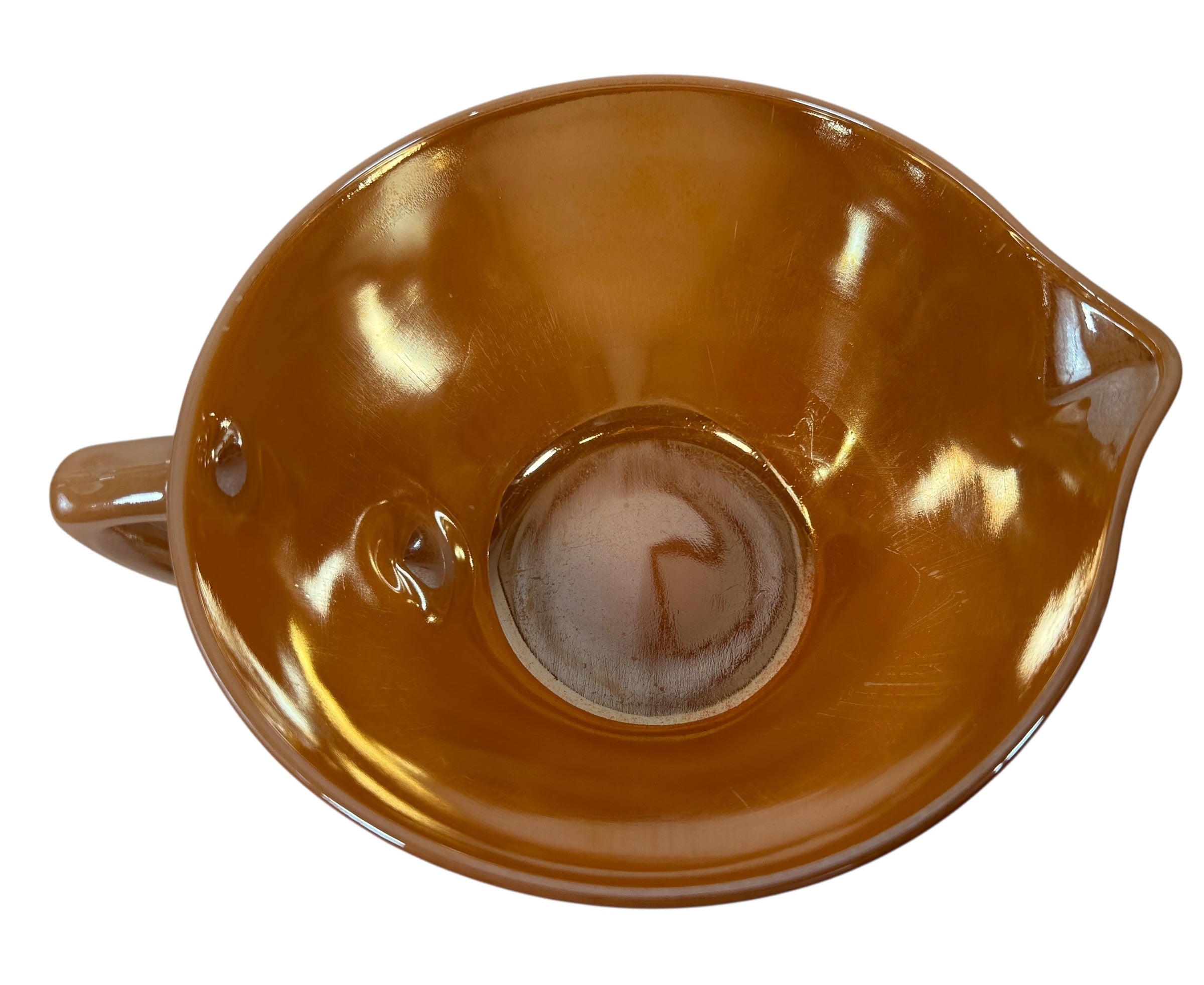 Vintage Fire-King Peach Luster mixing bowl with handle &amp; spout. Classic 1950s oven-proof milk glass collectible. Perfect for retro kitchens or display.