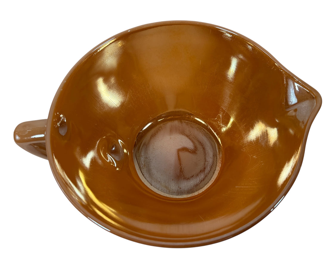 Vintage Fire-King Peach Luster mixing bowl with handle &amp; spout. Classic 1950s oven-proof milk glass collectible. Perfect for retro kitchens or display.
