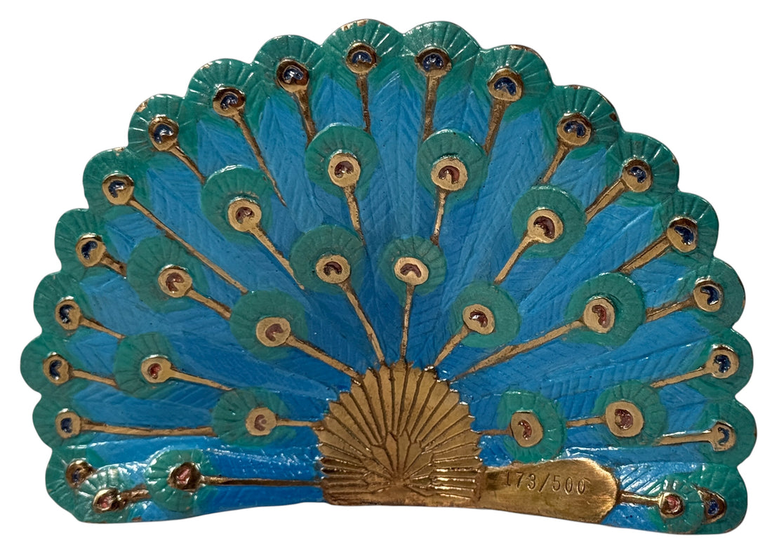 Limited edition hand-painted peacock figurine 173/500 in blue, green &amp; gold enamel. 5″ collectible metal sculpture, made in Japan, excellent condition.
