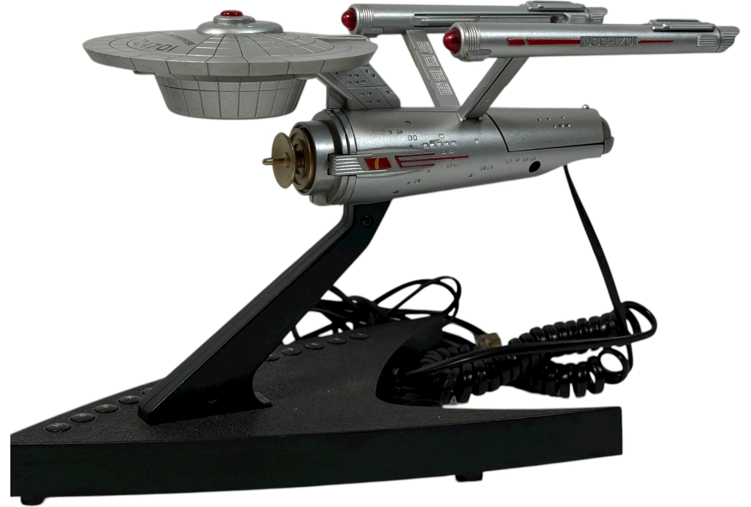 Official 1993 Telemania Star Trek USS Enterprise corded phone. Iconic NCC-1701 design, collectible display piece for Trekkies. Works and looks great.