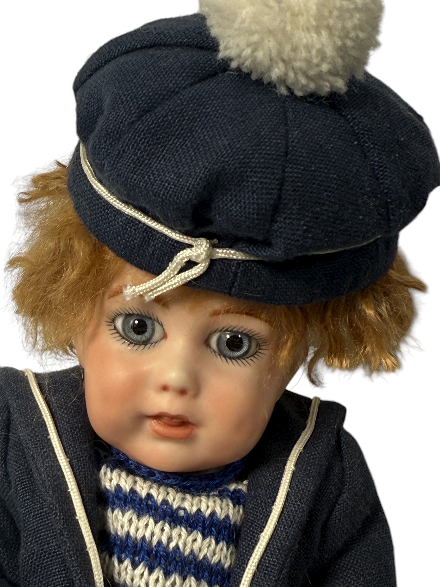 Antique bisque sailor boy doll marked “JLC”, 12″ tall, hand-knit outfit. Early 20th-century European collectible in very good condition – Eco Depot Montreal.