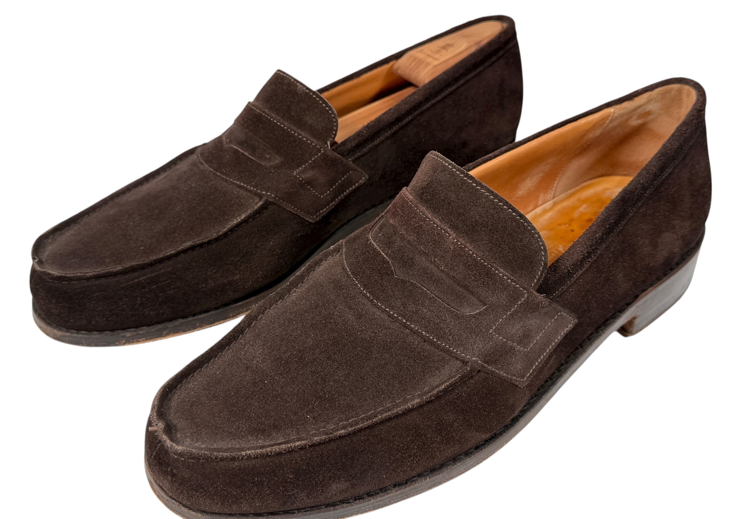 Vintage Joseph Malinge brown suede loafers, handmade in France. Elegant European craftsmanship in excellent condition, available from Eco Depot Montreal.