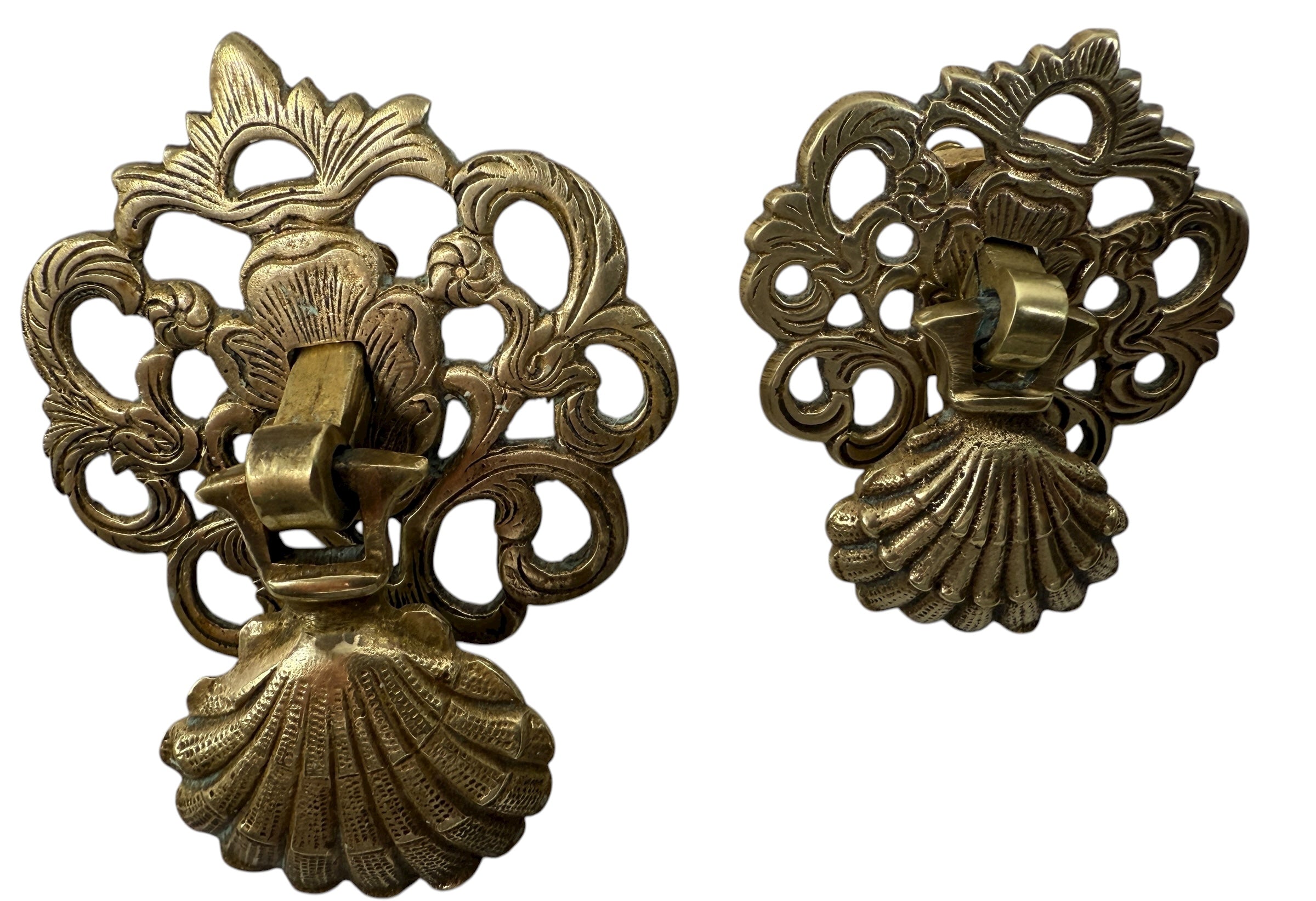 Vintage brass Chippendale drawer pulls set of 14, ornate shell drop handles for dresser or vanity restoration. Solid brass aged patina furniture hardware.