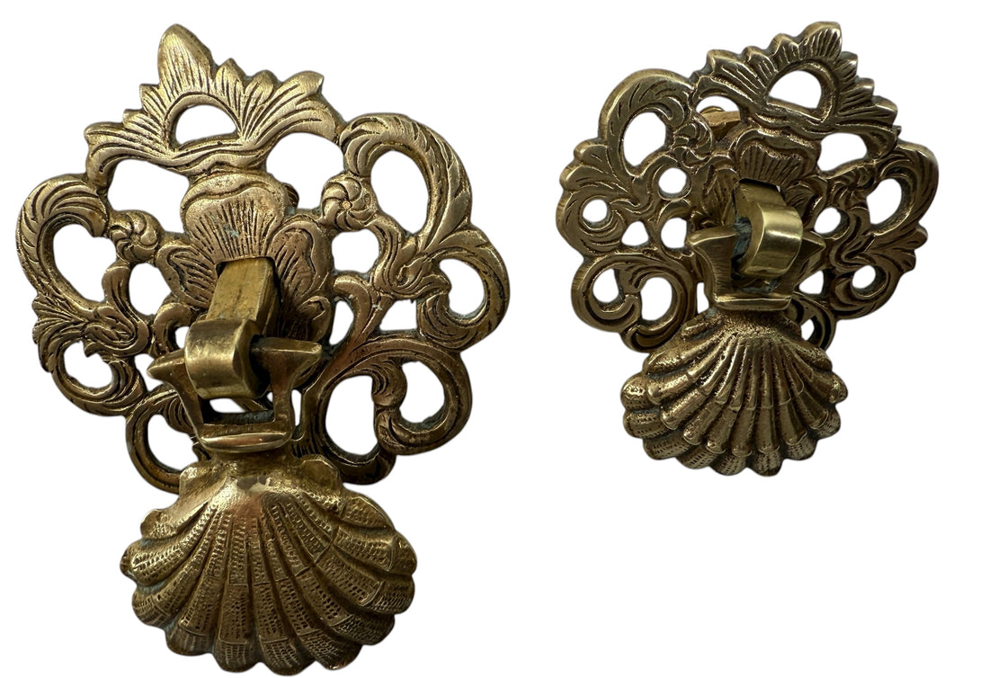 Vintage brass Chippendale drawer pulls set of 14, ornate shell drop handles for dresser or vanity restoration. Solid brass aged patina furniture hardware.