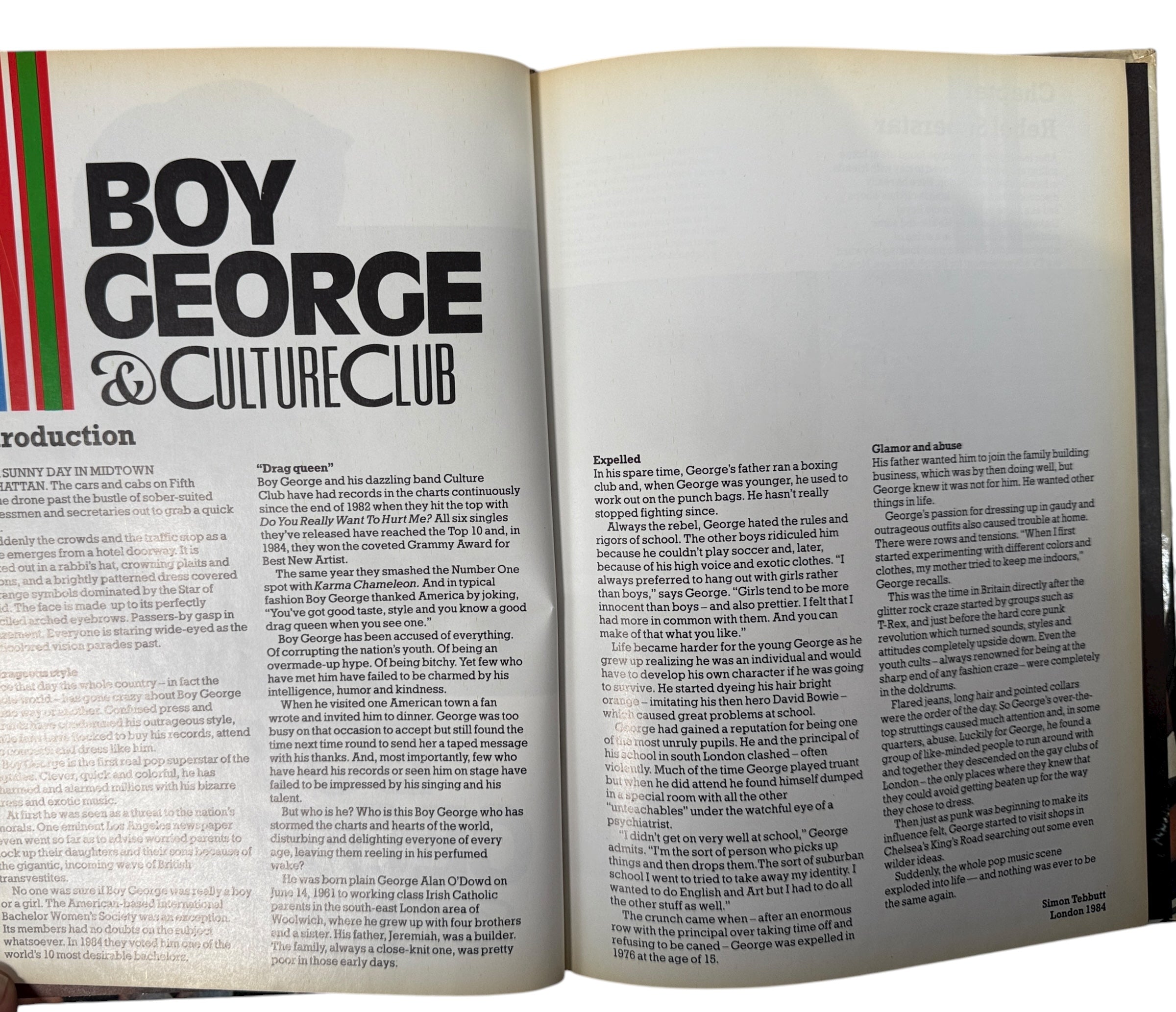 1984 Boy George &amp; Culture Club photo book with rare colour images and biography by Simon Tebbutt. Gallery Books hardcover printed in Spain. Pop icon collectible.