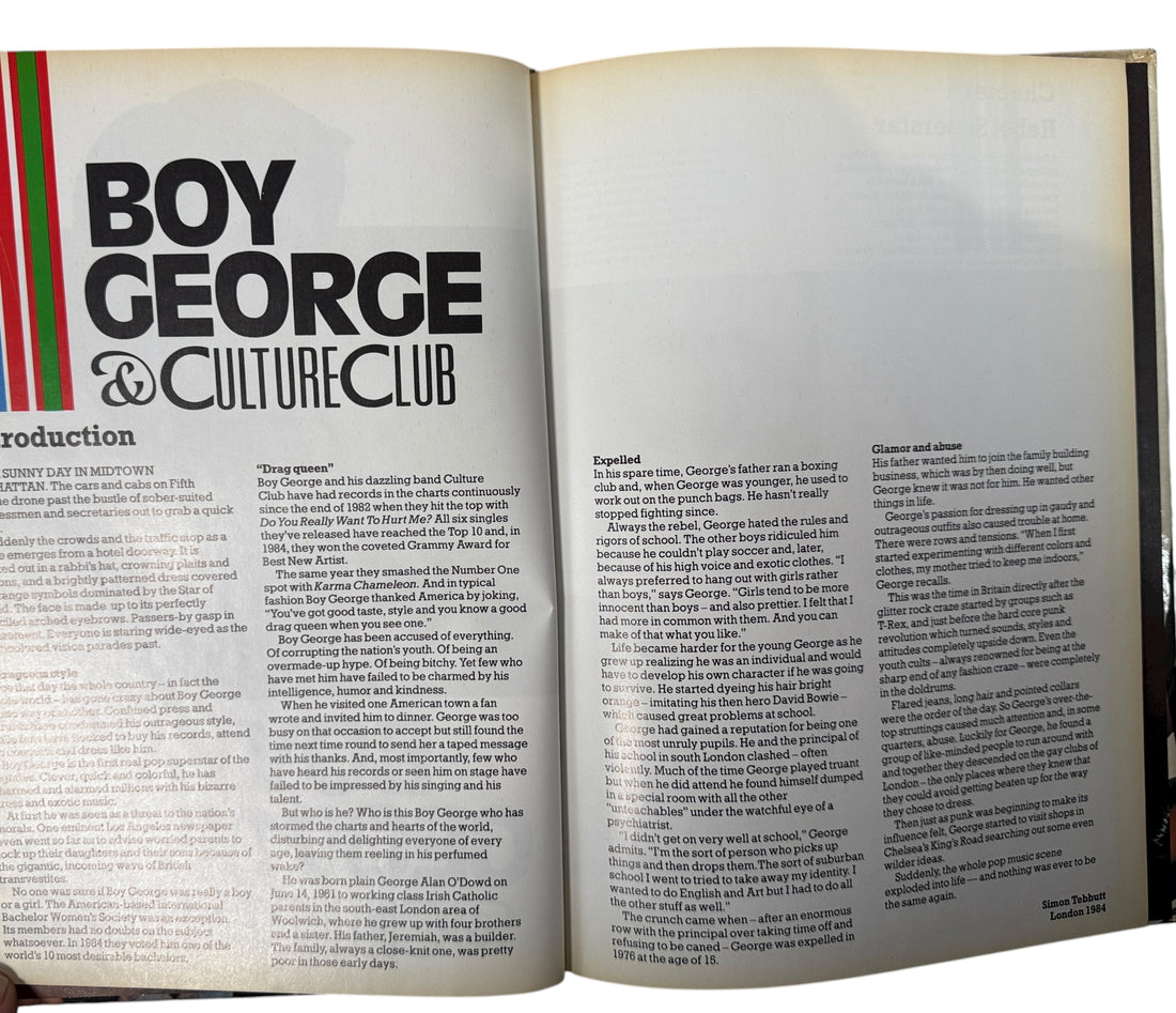 1984 Boy George &amp; Culture Club photo book with rare colour images and biography by Simon Tebbutt. Gallery Books hardcover printed in Spain. Pop icon collectible.