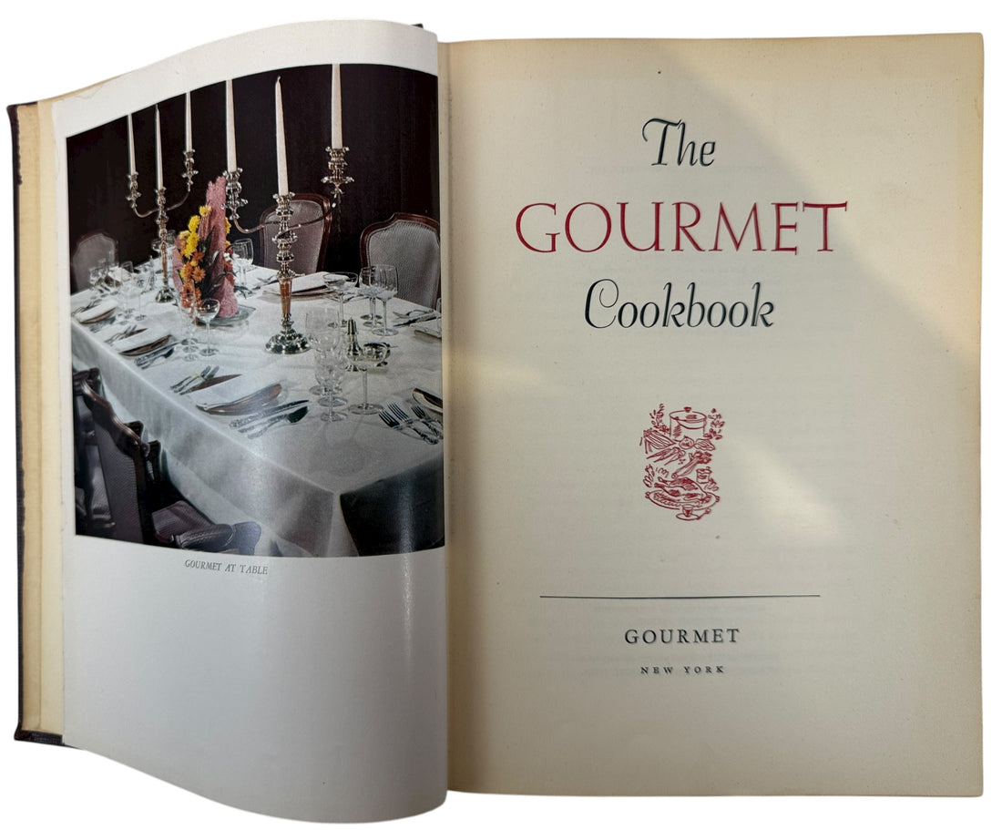 Vintage 1950 Gourmet Cookbook by Elizabeth B. Dietrich. Early edition from Gourmet Magazine with gilt cover and color plates. Classic mid-century collectible.