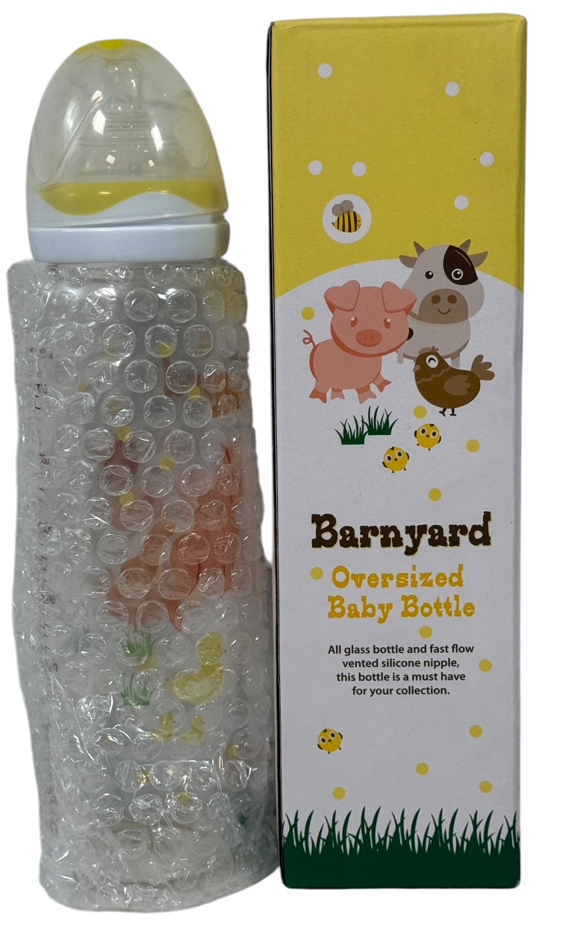 Rearz Barnyard oversized glass adult baby bottle, full-print barn animals, borosilicate glass, silicone nipple. Rare adult-sized collectible & display piece.
