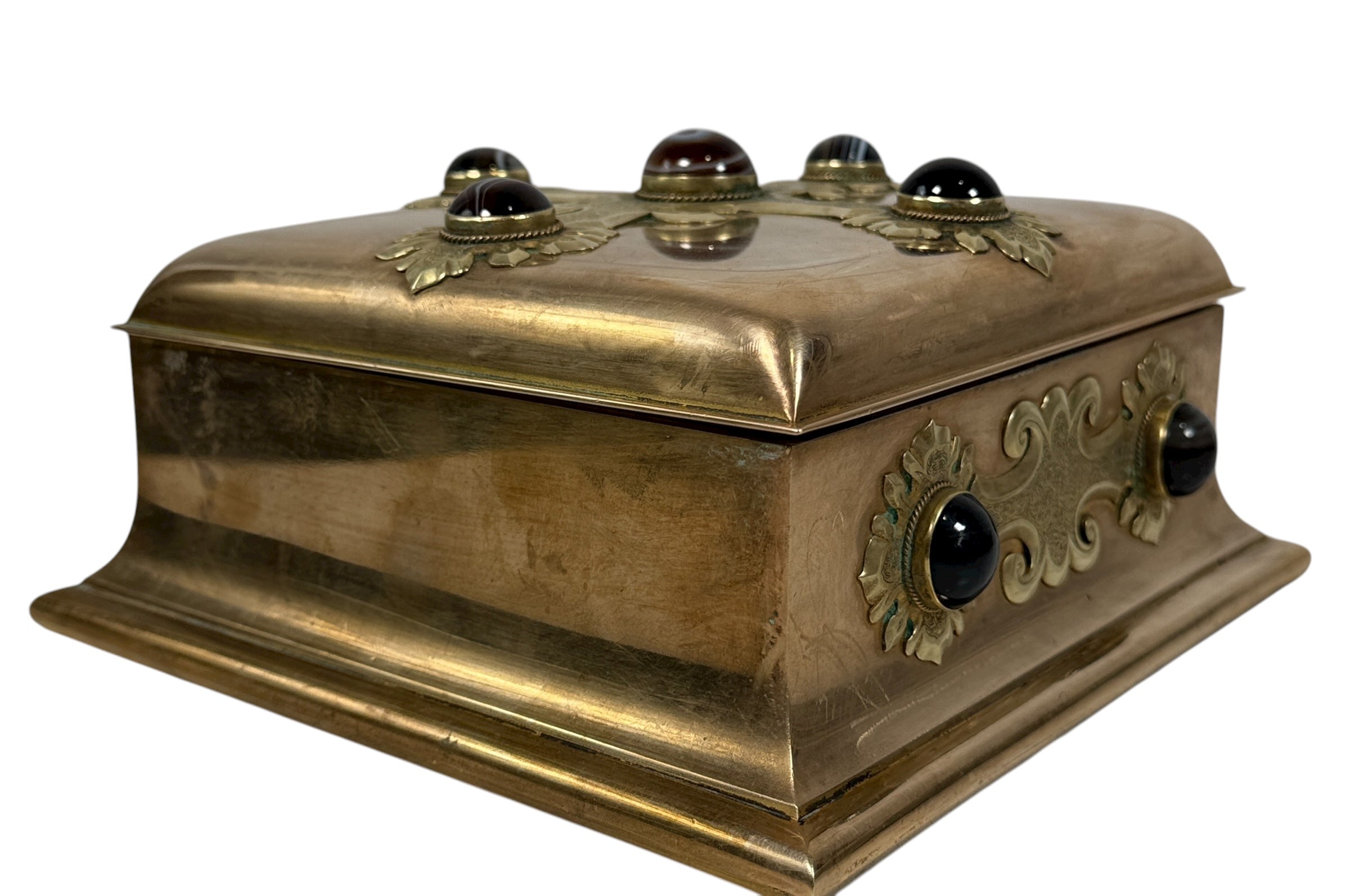 Vintage brass trinket box with agate cabochons and ornate domed lid. Purple lined interior, mid-century style décor piece for jewelry or keepsakes. Unique vintage find.