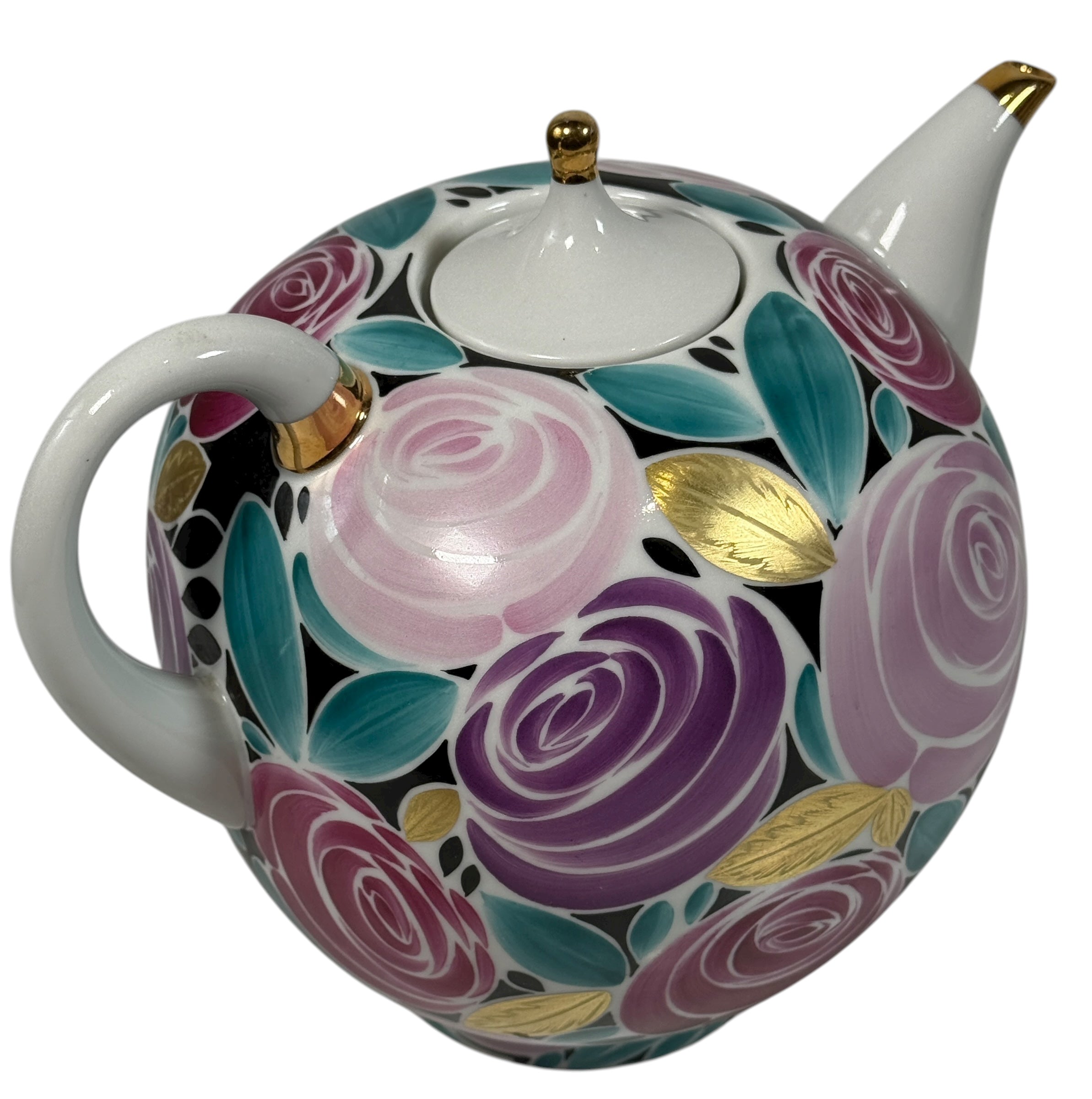 Vintage Lomonosov LFZ 1980s porcelain teapot with hand-painted roses and gold trim. Collectible Soviet-era floral design in excellent condition.