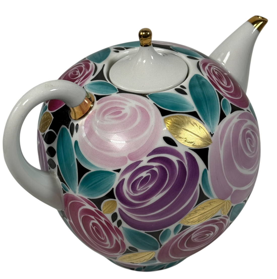 Vintage Lomonosov LFZ 1980s porcelain teapot with hand-painted roses and gold trim. Collectible Soviet-era floral design in excellent condition.