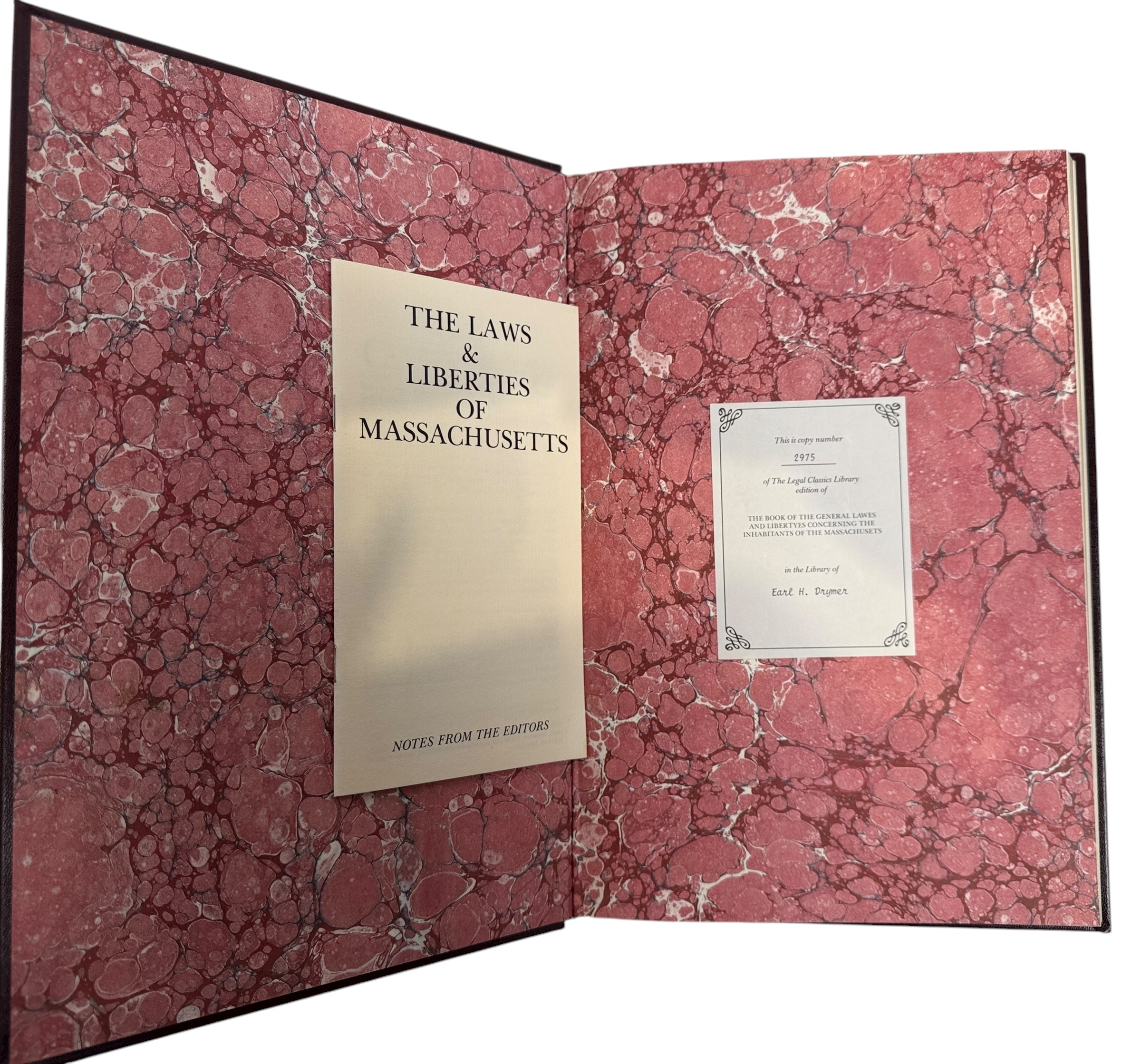 Leatherbound Gryphon Editions Laws and Liberties of Massachusetts. Limited numbered edition with gilt design. Excellent condition for collectors of early American law.