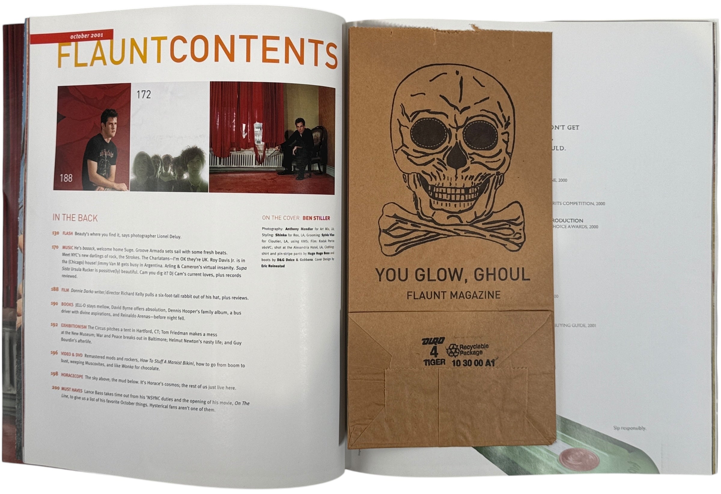 Vintage Flaunt Magazine Oct 2001 with Ben Stiller cover and Leonard Cohen feature. VG+ with original You Glow Ghoul insert. Collectible early 2000s issue.