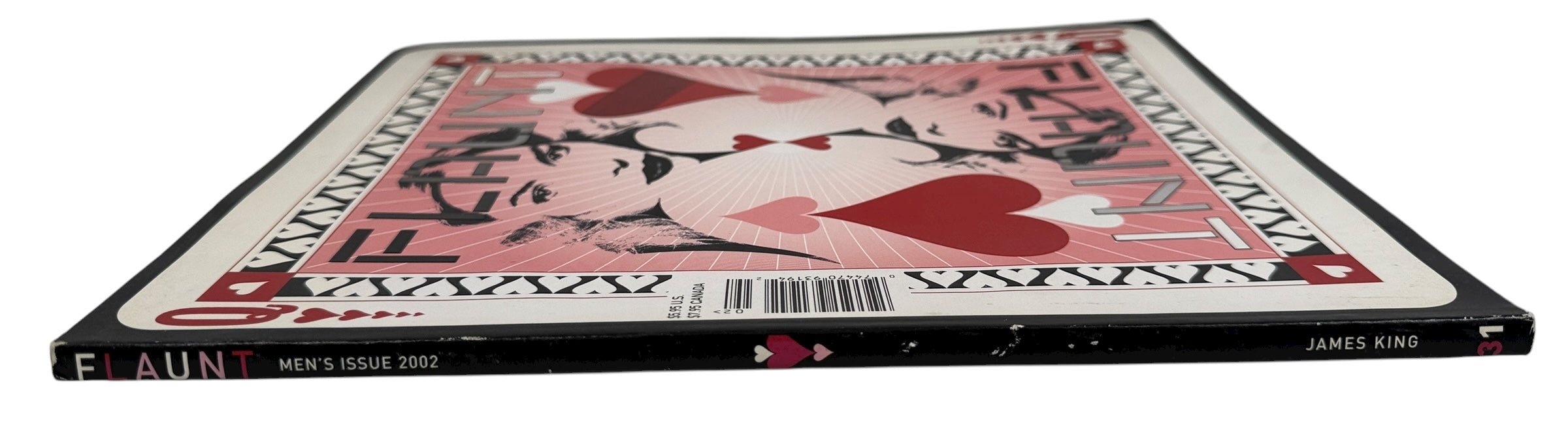 Flaunt Magazine February 2002 James King Men’s Issue. Bold Queen of Hearts cover, VG condition, culture and fashion features. Collectible early 2000s Flaunt.