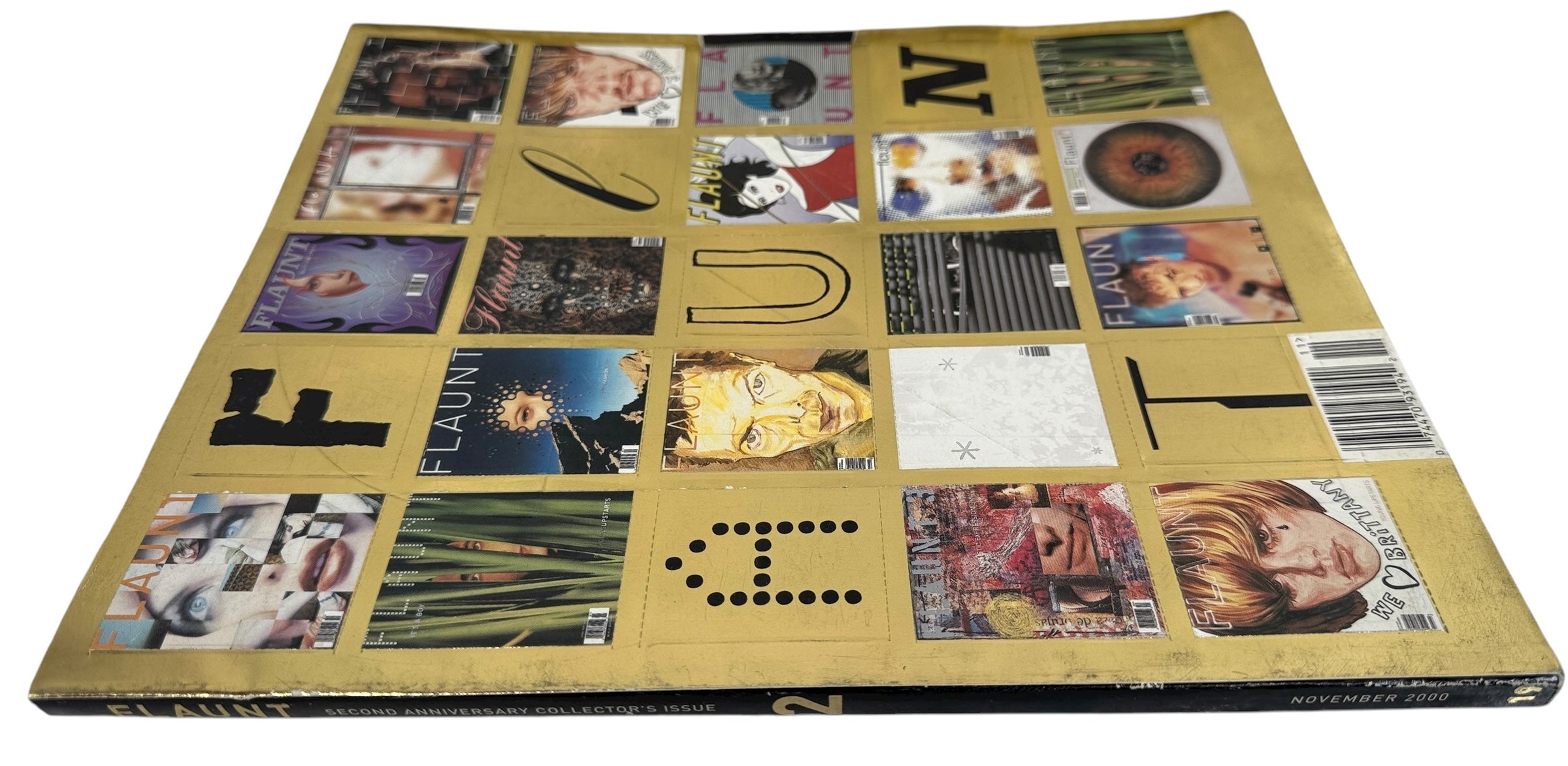 Flaunt Magazine Second Anniversary Nov 2000. Gold-foil mosaic cover, VG condition, clean pages. Rare early collector issue for fashion and design fans.