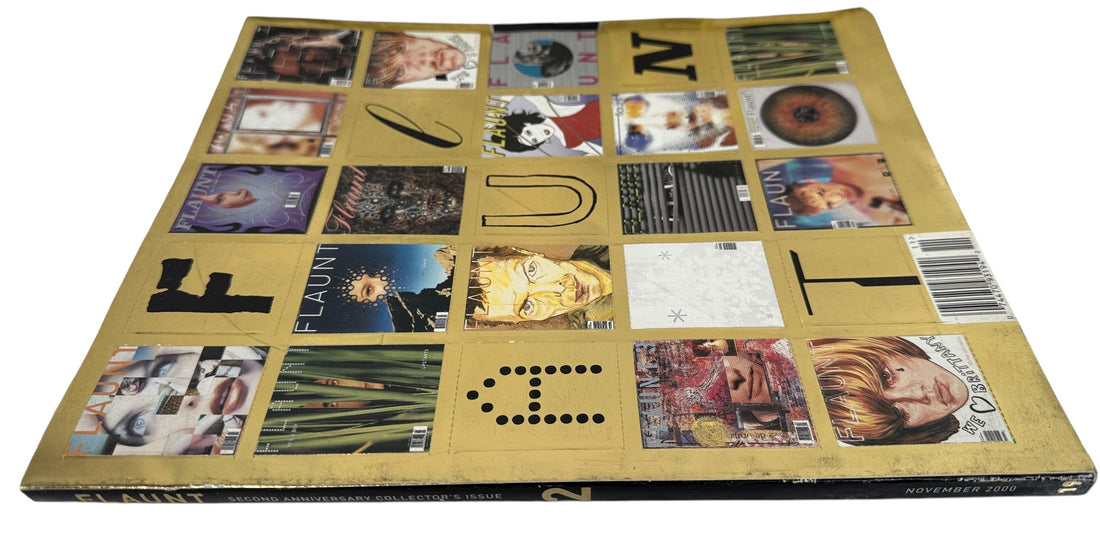 Flaunt Magazine Second Anniversary Nov 2000. Gold-foil mosaic cover, VG condition, clean pages. Rare early collector issue for fashion and design fans.