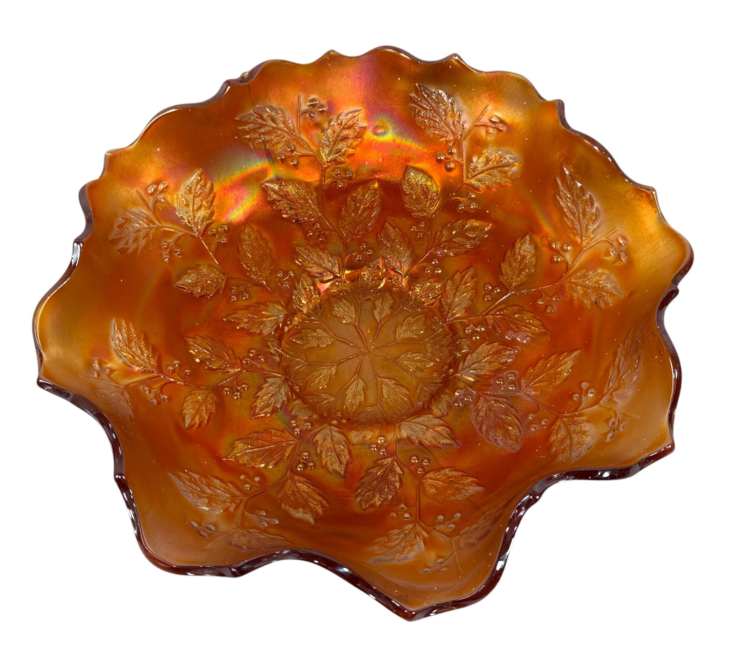 Vintage Fenton marigold carnival glass bowl in Leaf &amp; Berry pattern with ruffled edge. Strong iridescence, early 1900s American glass. VG condition.