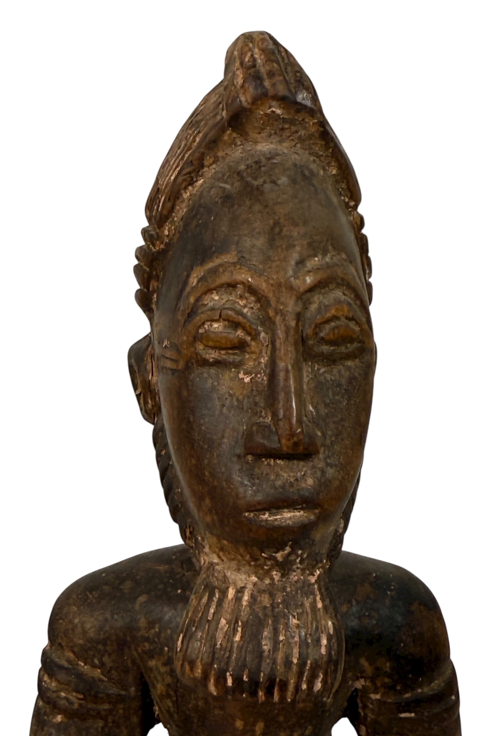Mid-century African Baule-style carved kneeling figure with aged patina and cloth wrap. Vintage West African sculpture, approx. 11 inches tall.