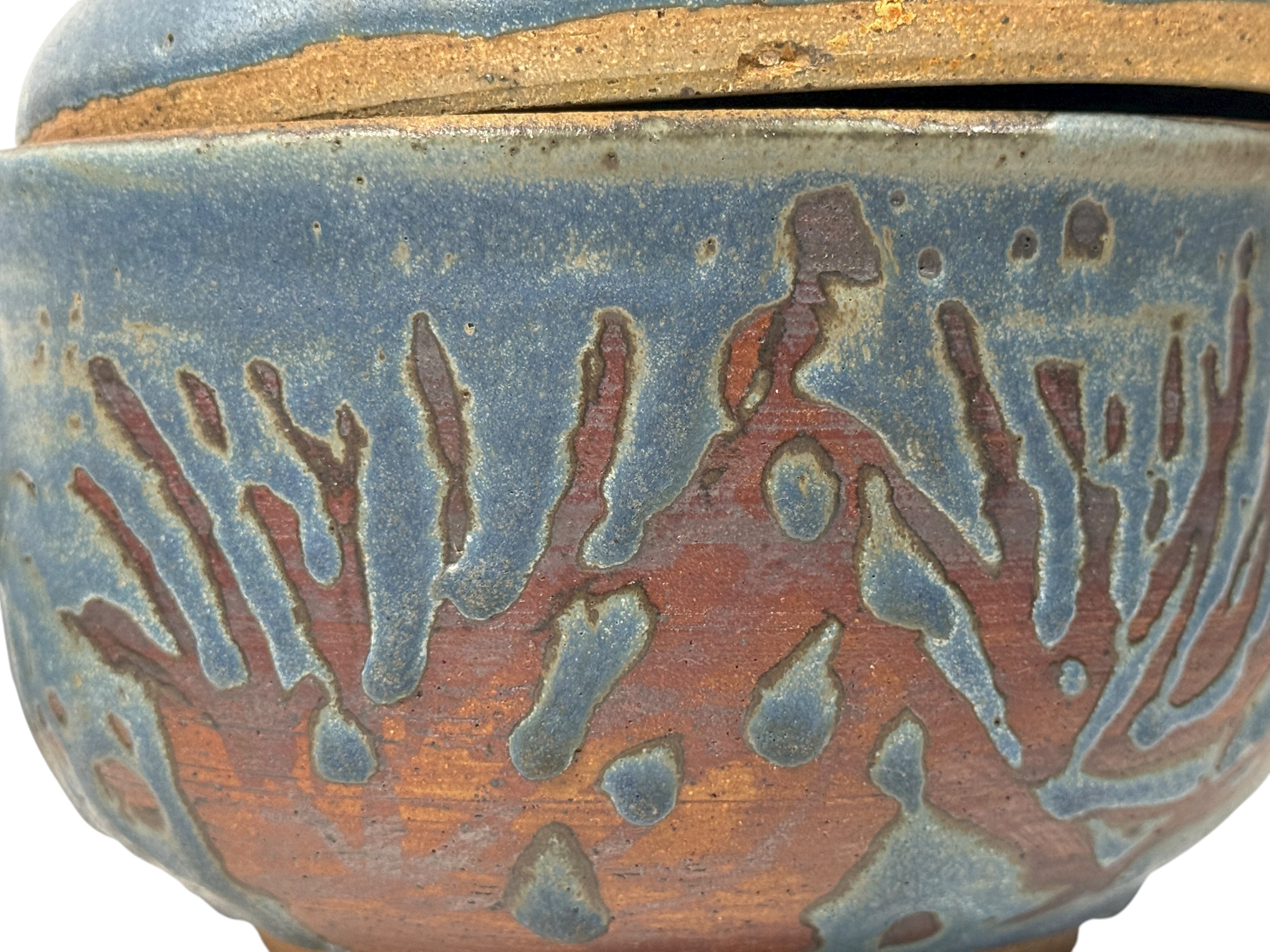 Handmade Québec studio pottery set signed Achard. Includes carved casserole with lid and six blue bowls. Vintage artisan ceramic tableware in excellent condition.