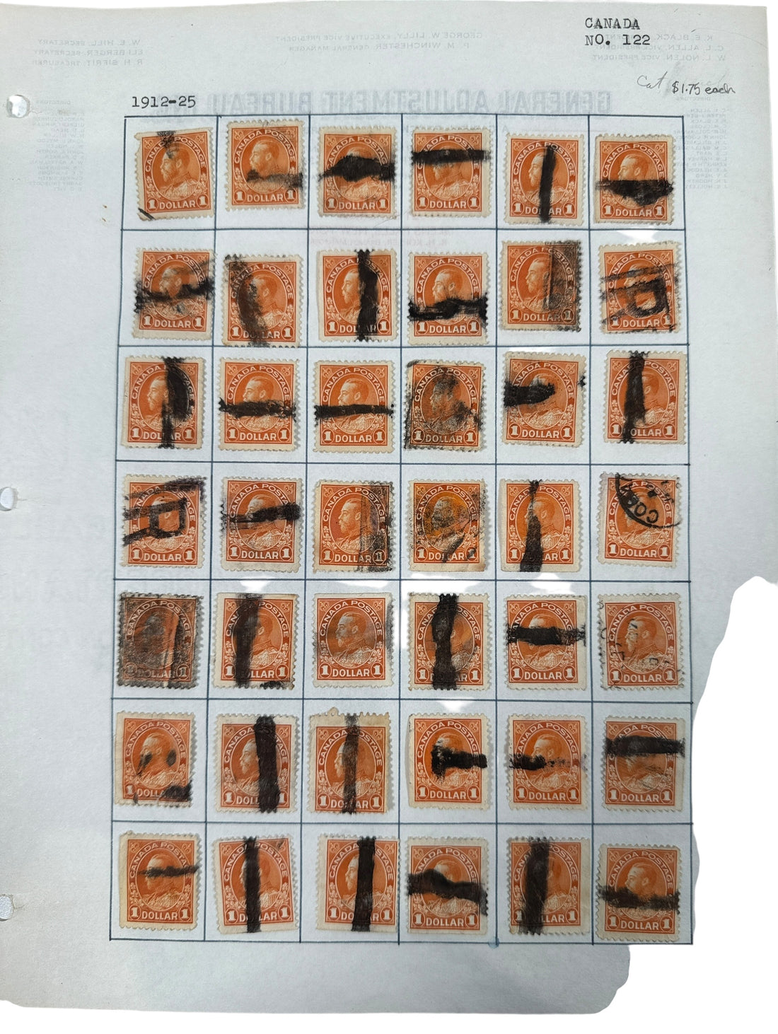 Three complete sheets (120 total) of Canada Scott #122 $1 King George V stamps with fiscal pen cancels. Early 1900s revenue history. Great collector value.