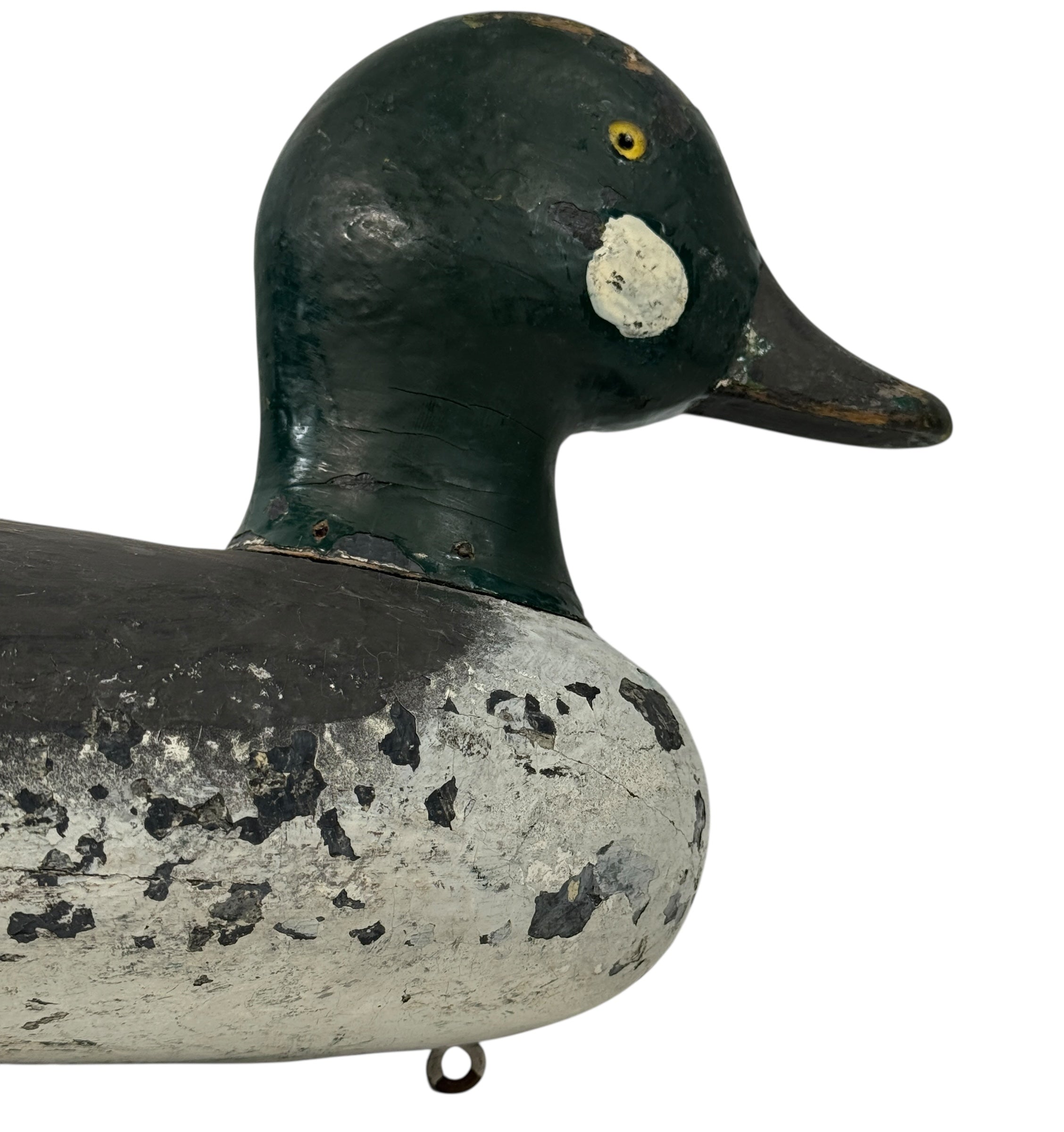 Vintage Quebec duck decoy attributed to Rivest of St-Sulpice. Hand-carved folk art with original ballast and authentic working wear. Collectible Canadian carving.