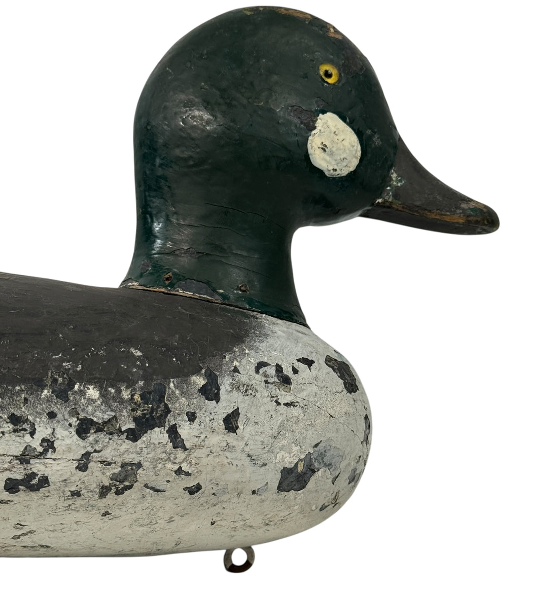 Vintage Quebec duck decoy attributed to Rivest of St-Sulpice. Hand-carved folk art with original ballast and authentic working wear. Collectible Canadian carving.