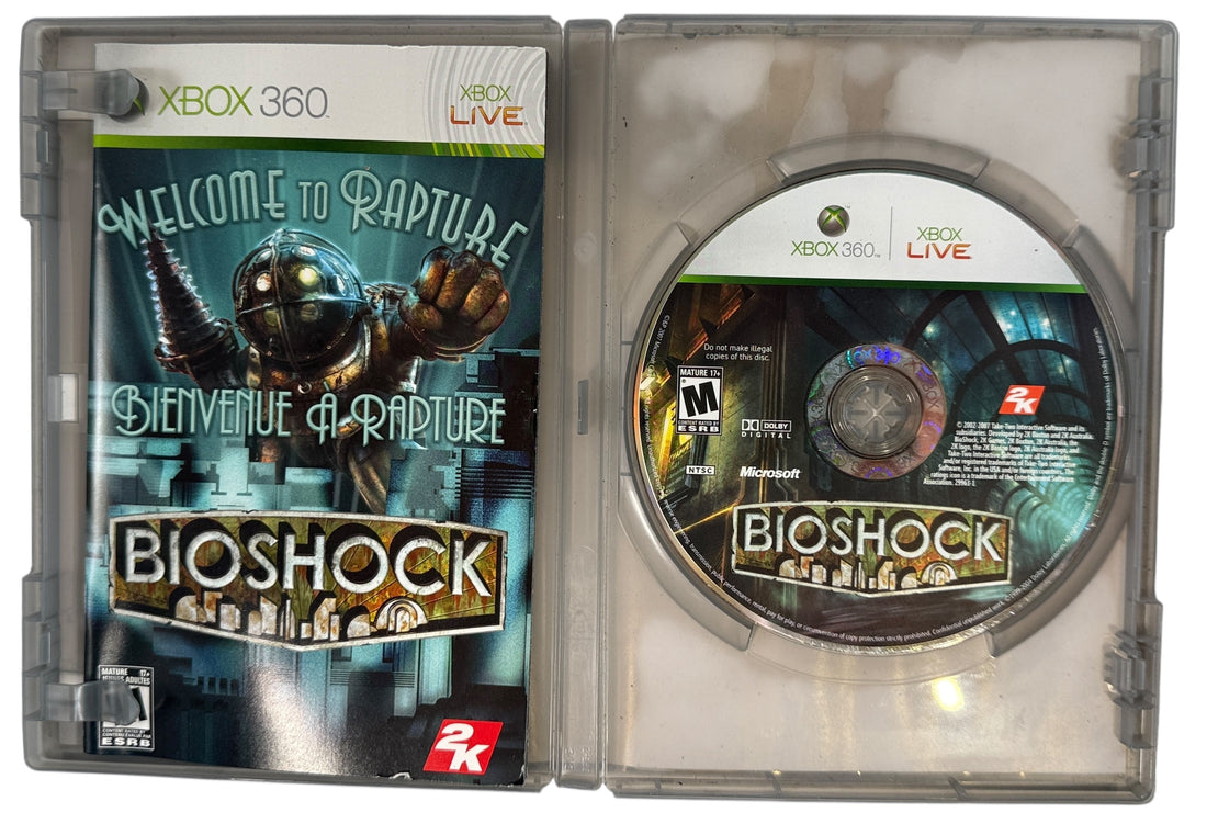 BioShock Xbox 360 Platinum Hits edition. Complete and tested. Classic action-horror game set in Rapture. Ships quickly from Montreal.