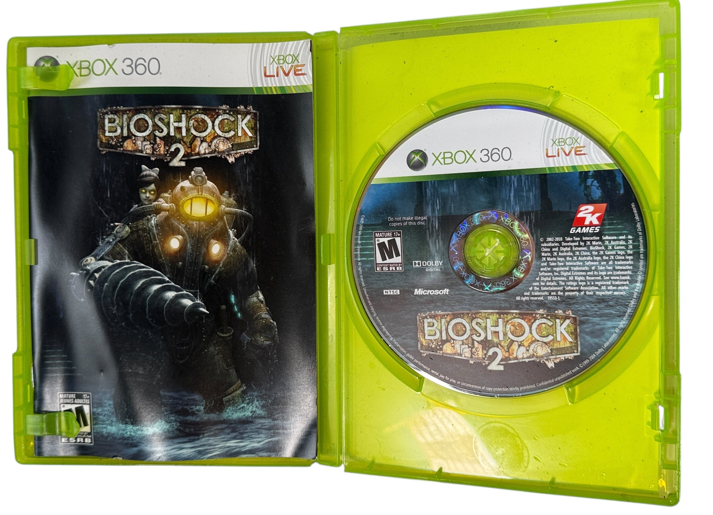 BioShock 2 Xbox 360 complete with disc and manual. NTSC edition in good working condition. Classic action shooter in Rapture. Fast Canadian shipping.