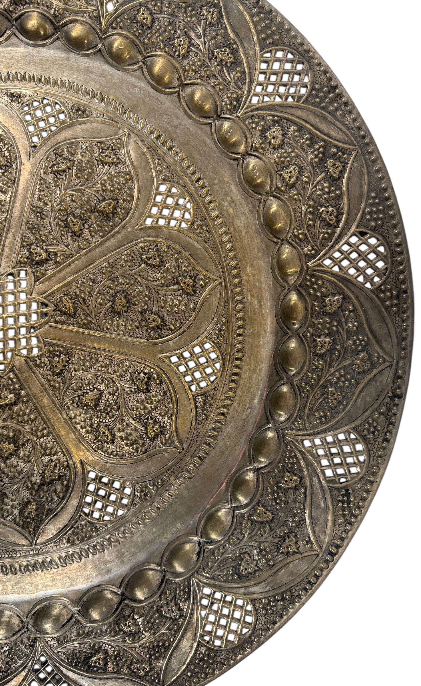 Vintage 24” solid brass tray made in India with hand-chased floral design and pierced edging. Ideal for décor or table use. Classic mid-century export piece.