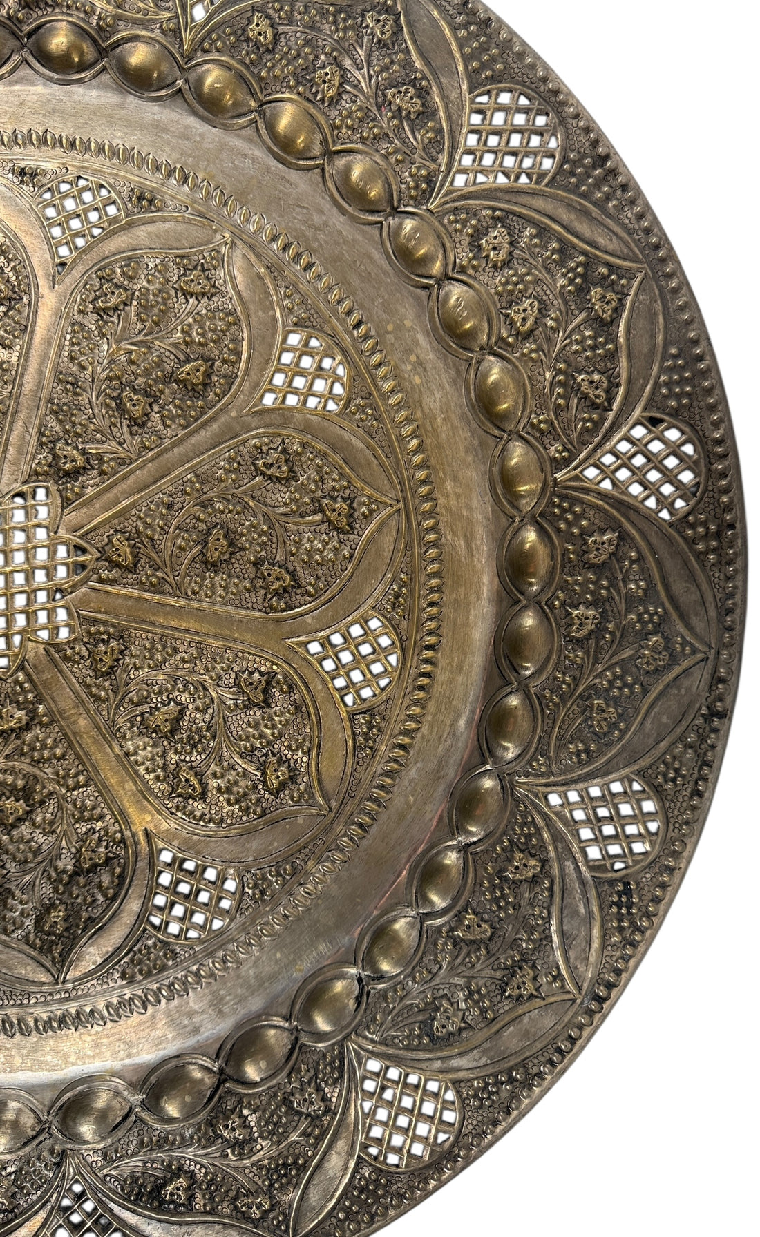 Vintage 24” solid brass tray made in India with hand-chased floral design and pierced edging. Ideal for décor or table use. Classic mid-century export piece.