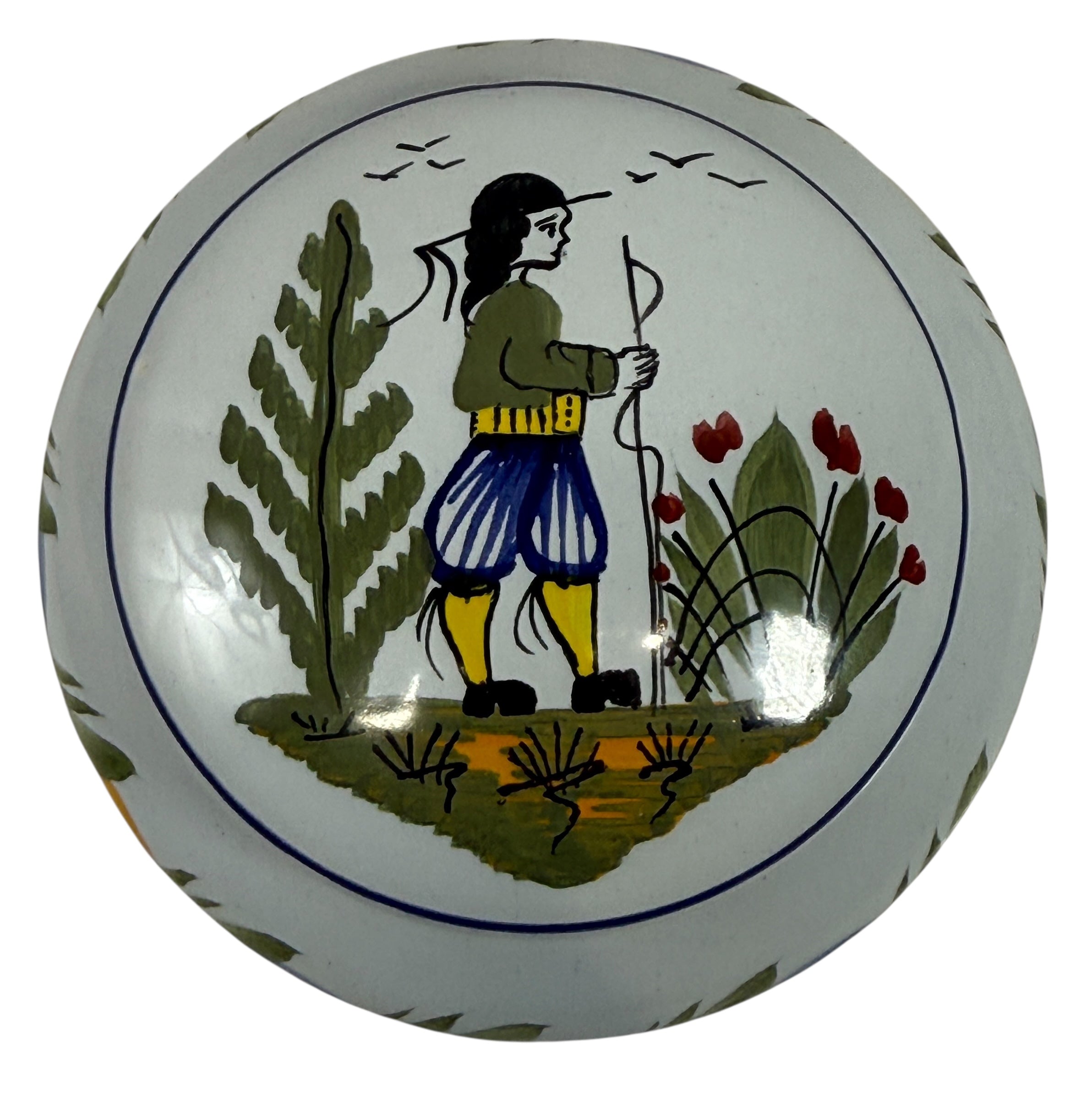 Hand-painted Henriot Quimper faience covered bowl with Breton figure lid, dated 2001. Studio-quality collectible in excellent condition. France-made ceramic.