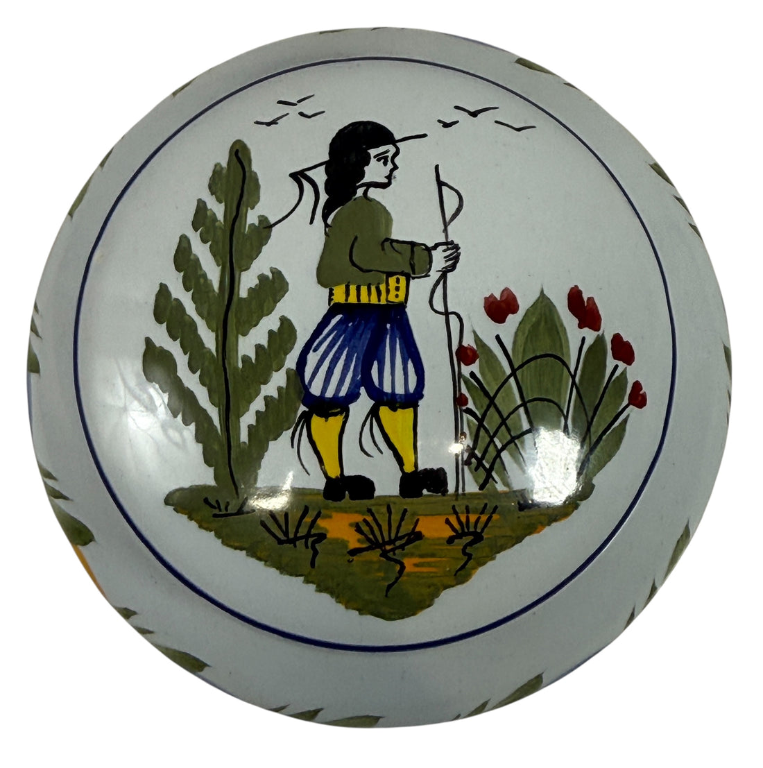 Hand-painted Henriot Quimper faience covered bowl with Breton figure lid, dated 2001. Studio-quality collectible in excellent condition. France-made ceramic.
