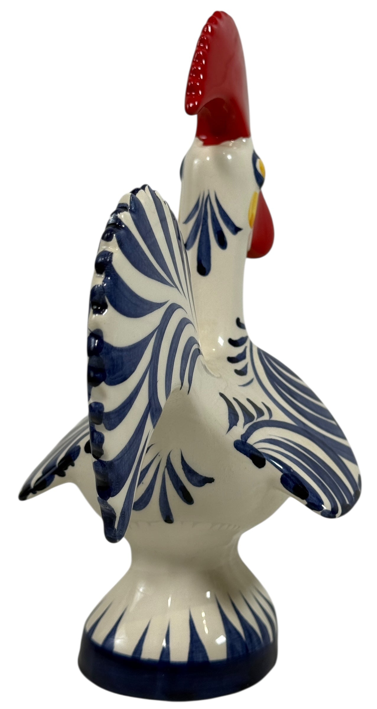Hand-painted Portuguese ceramic rooster, 8¼” signed studio piece. Cobalt blue folk-art décor with excellent detail. Vintage-style collectible pottery.