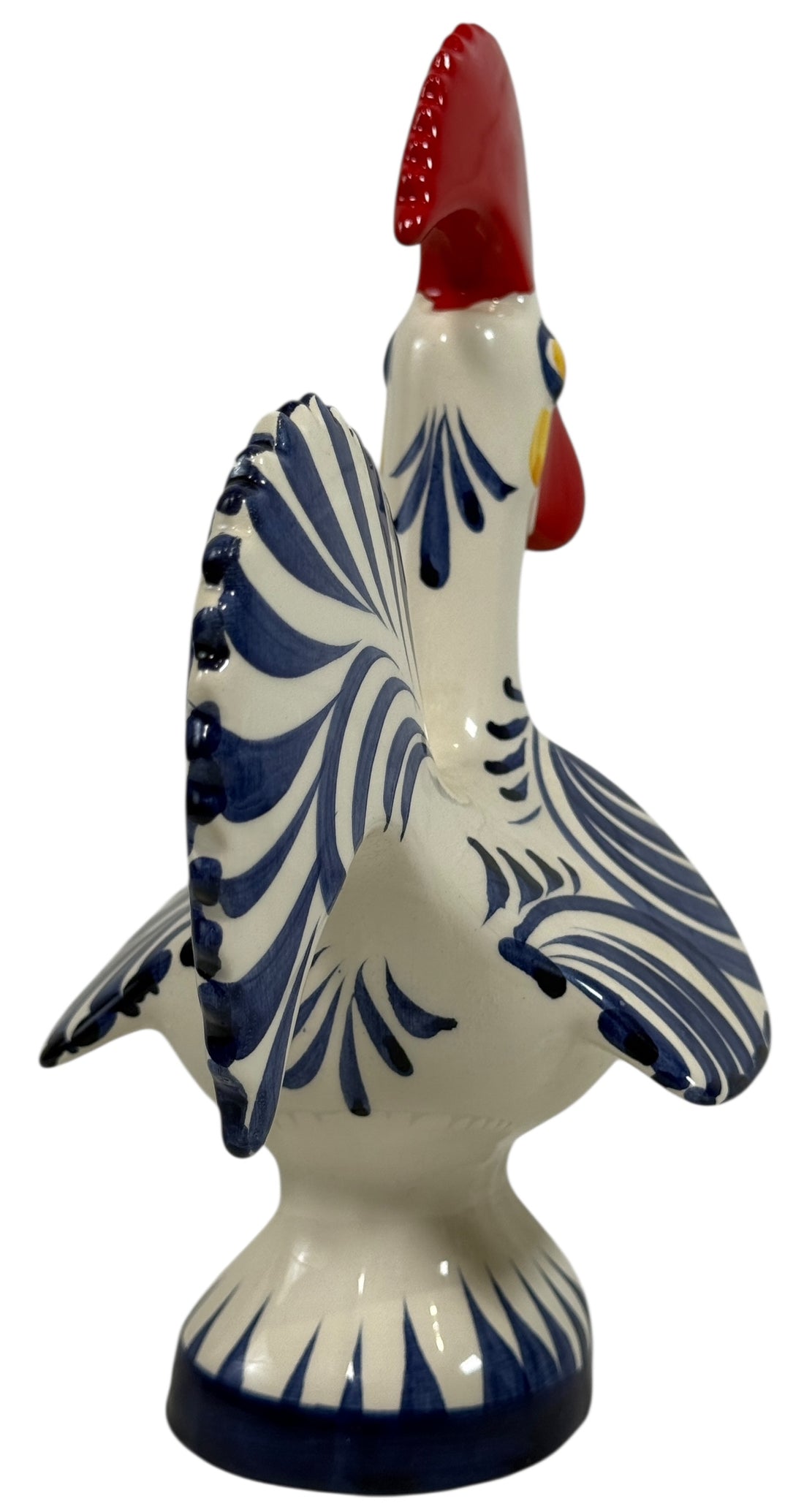 Hand-painted Portuguese ceramic rooster, 8¼” signed studio piece. Cobalt blue folk-art décor with excellent detail. Vintage-style collectible pottery.