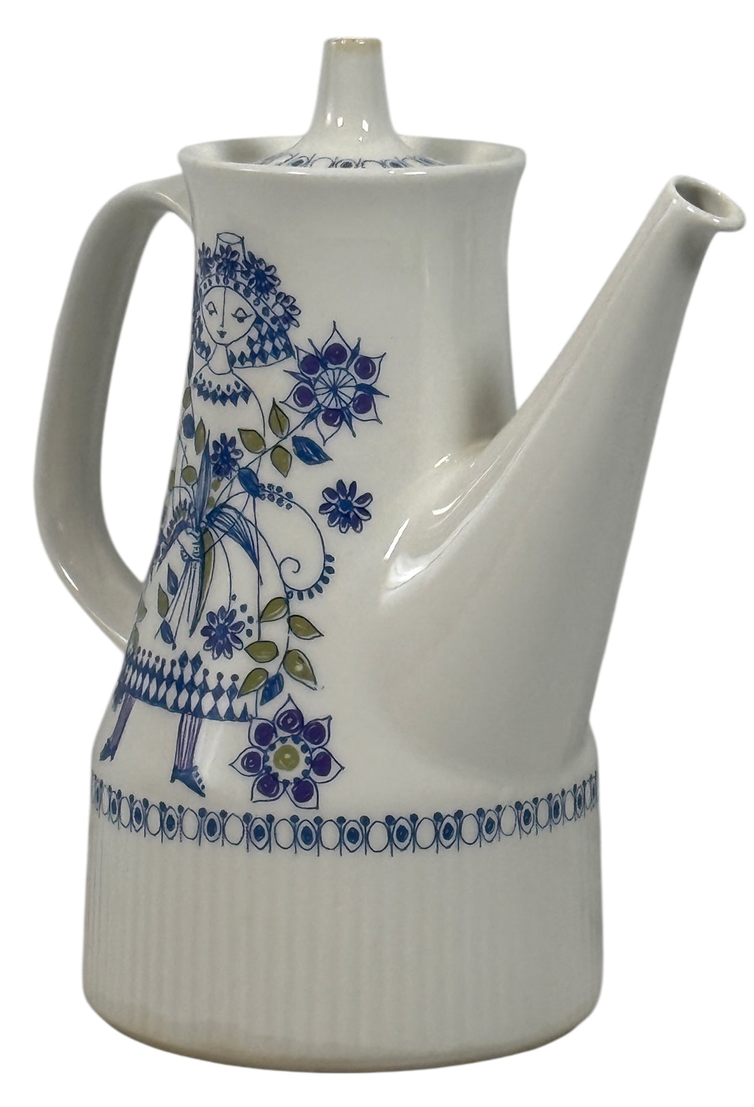 Vintage Lotte Norway Hand-Painted Coffee Pot – Blue Folk Art Woman – 8¼”