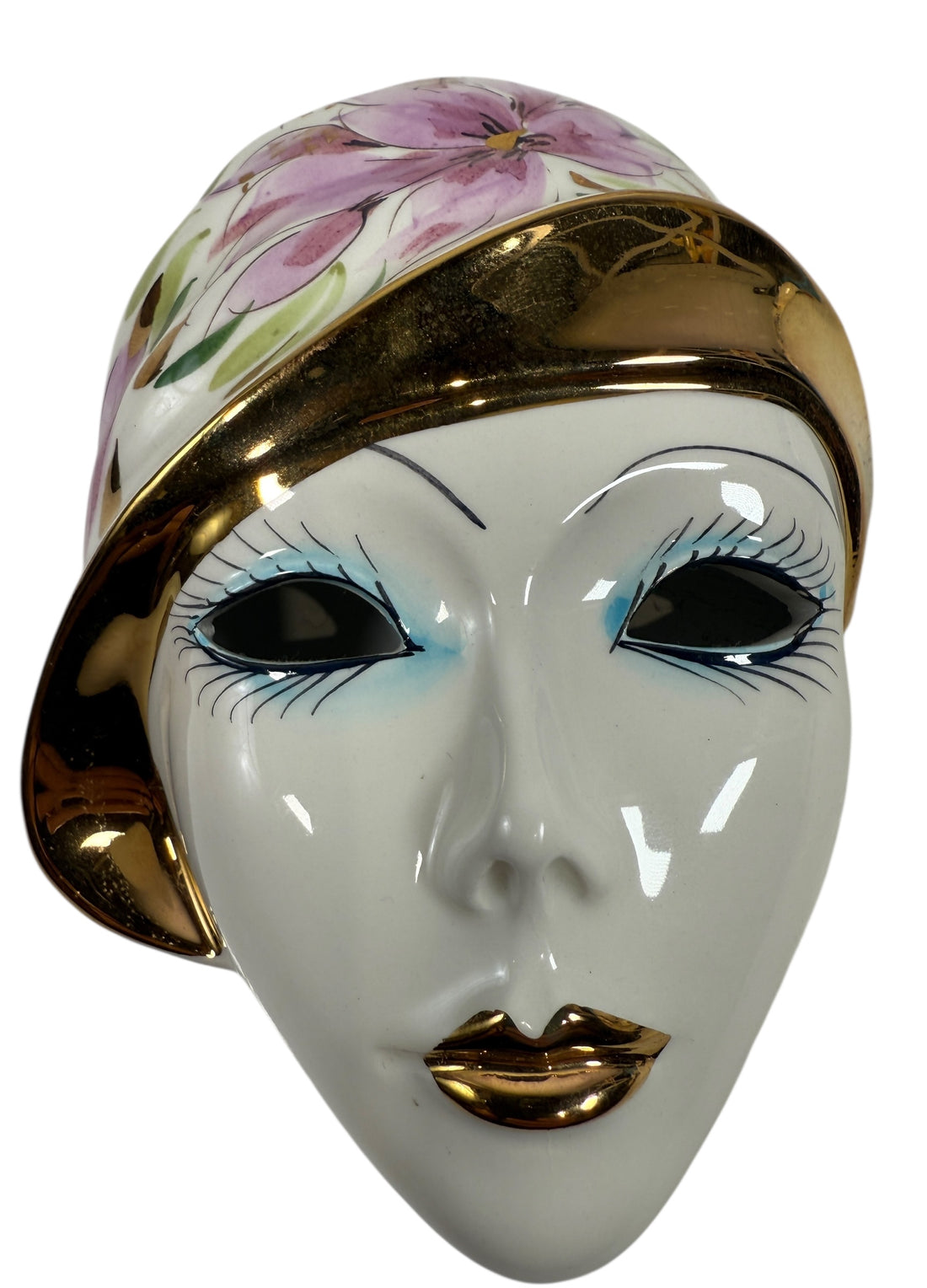 Masque mural vintage en porcelaine de style Capodimonte – Bordure dorée, Italie, rose